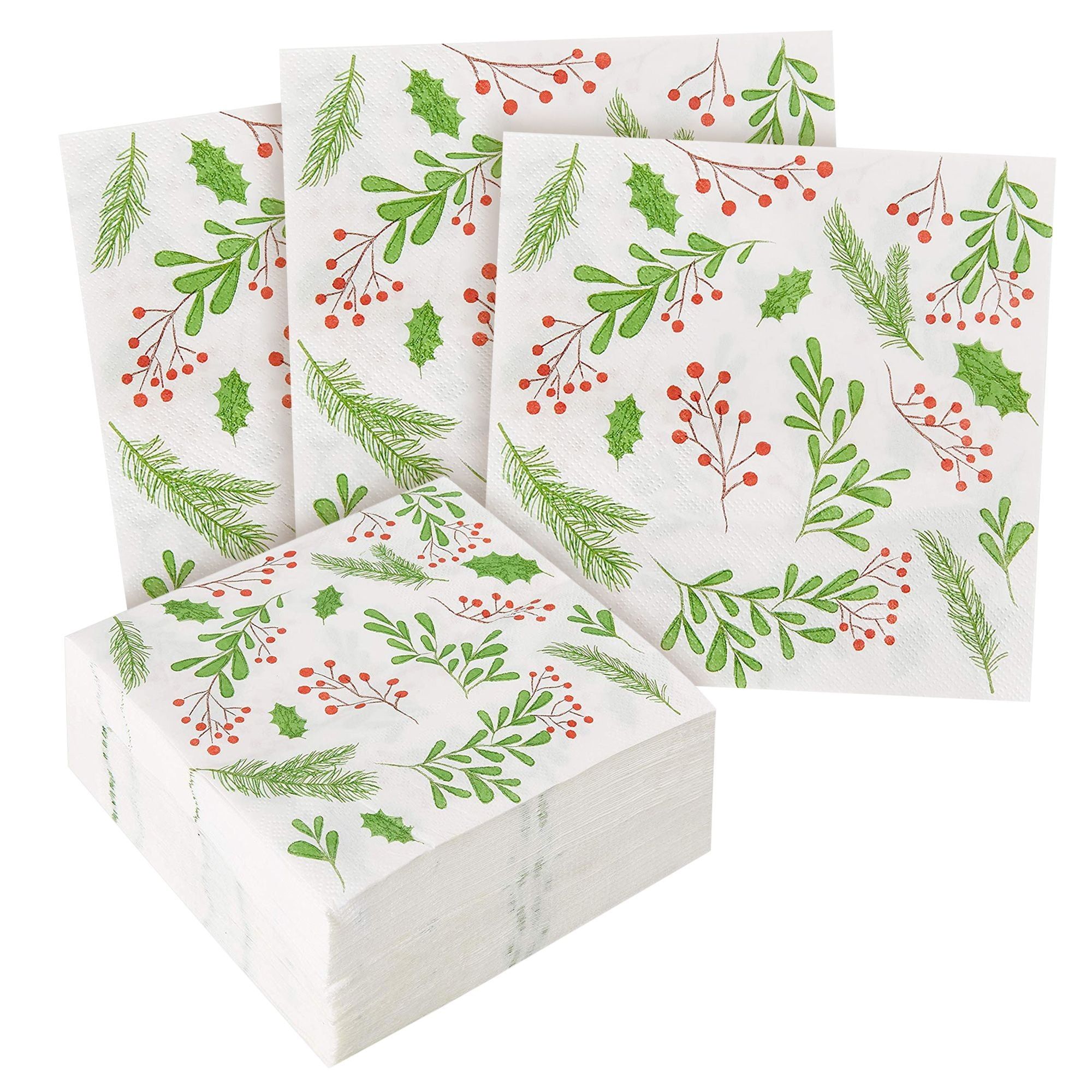 100-Pack White Holly Berry Christmas Cocktail Napkins