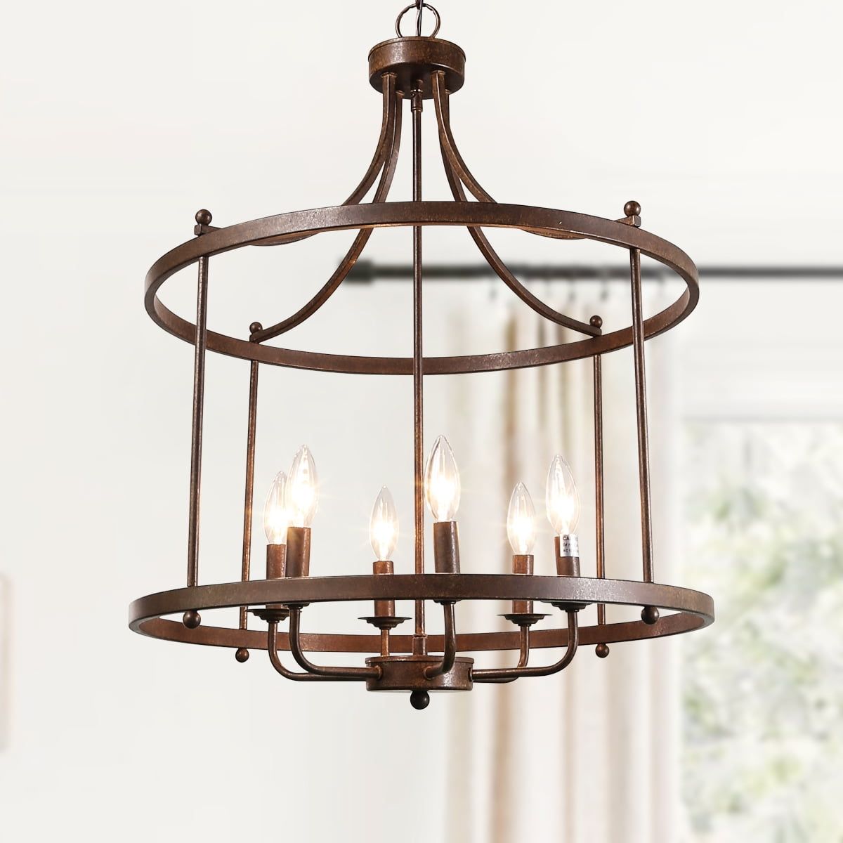 Rustic Bronze Drum Chandelier with Clear Metal Shade