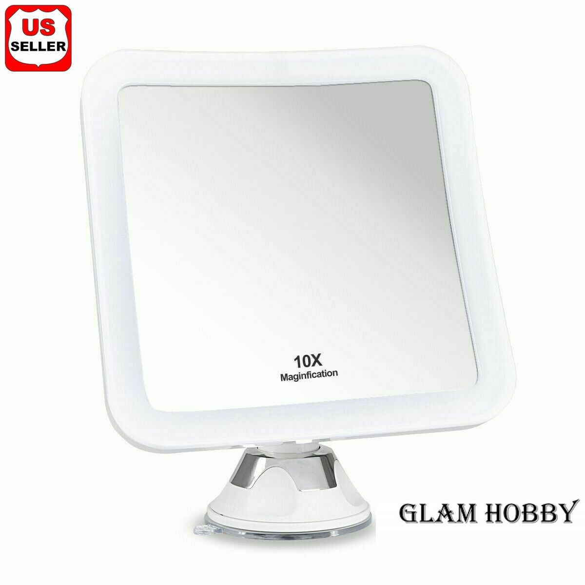 10X Magnifying LED Lighted Square Makeup Mirror with Suction Mount