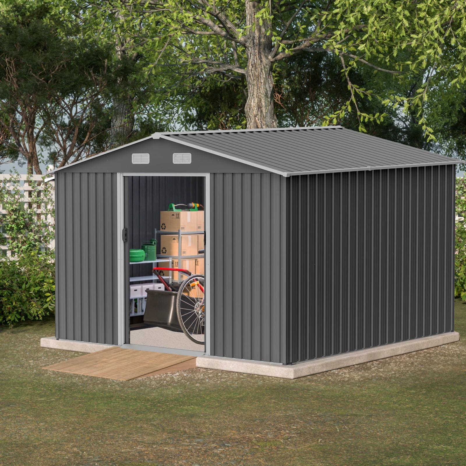 10x8 FT Dark Gray Metal Outdoor Storage Shed with Lockable Doors