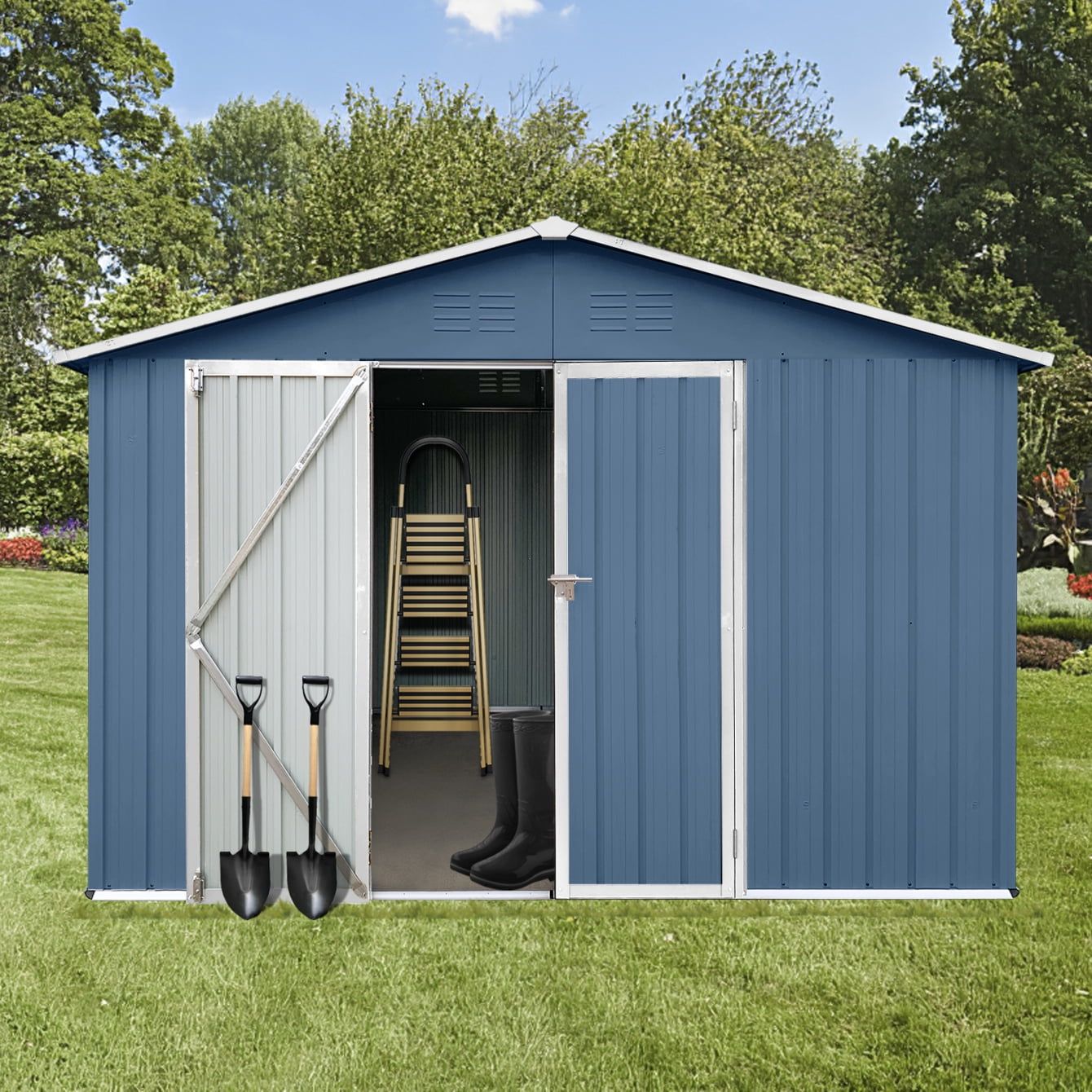 10' x 12' Blue Metal Garden Storage Shed with Hinged Door