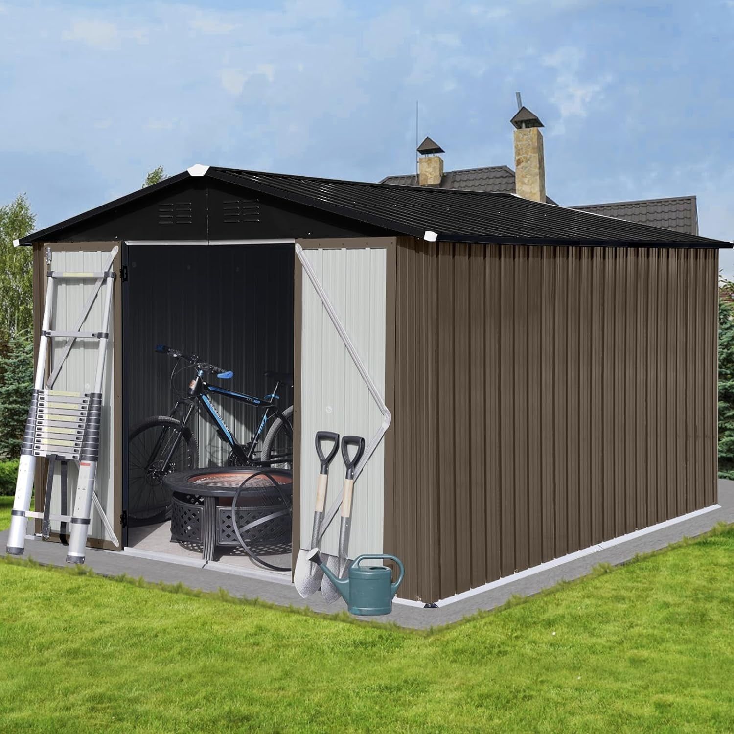 10x8 FT Brown and Black Aluminum Garden Storage Shed