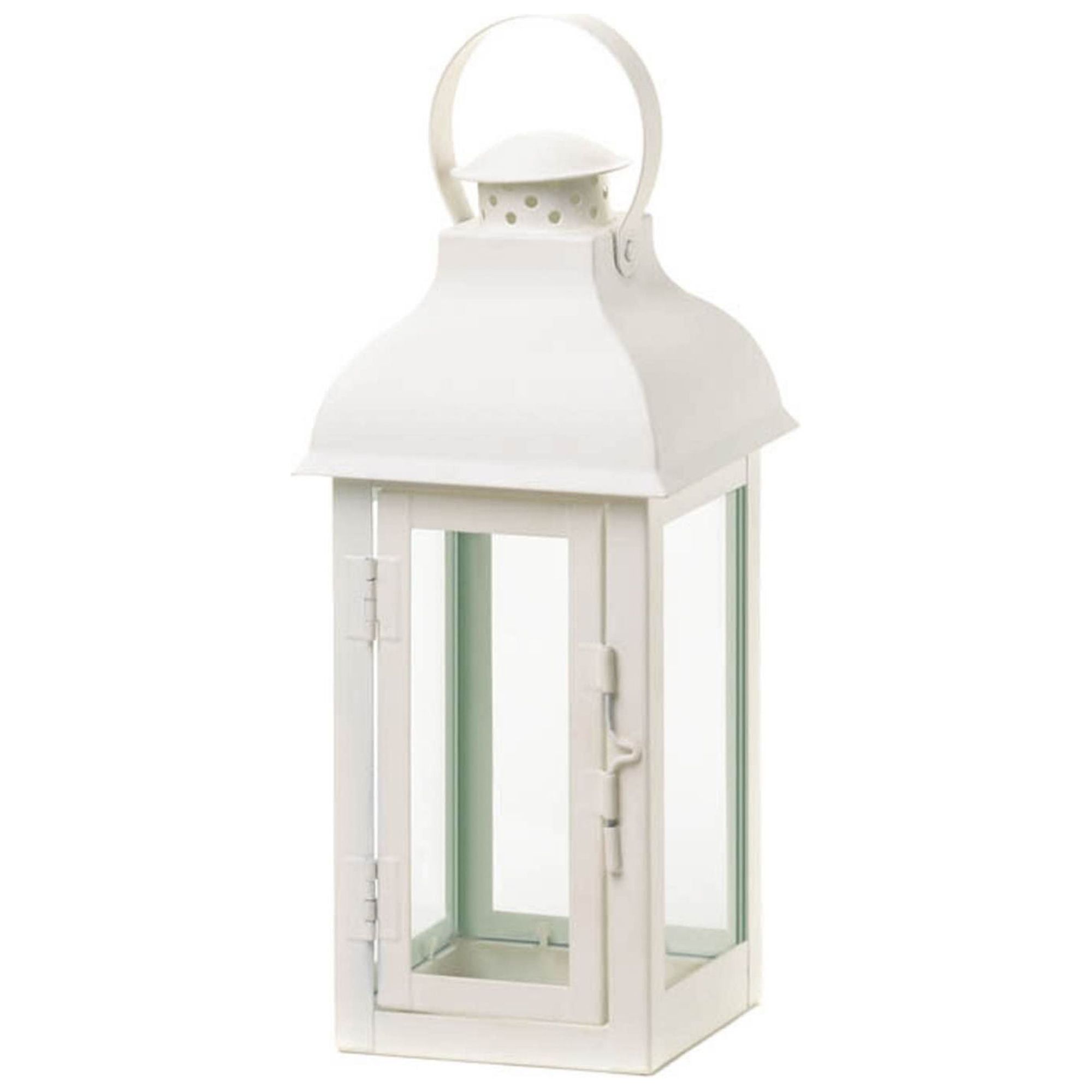 White Iron and Glass Hanging Tabletop Candle Lantern