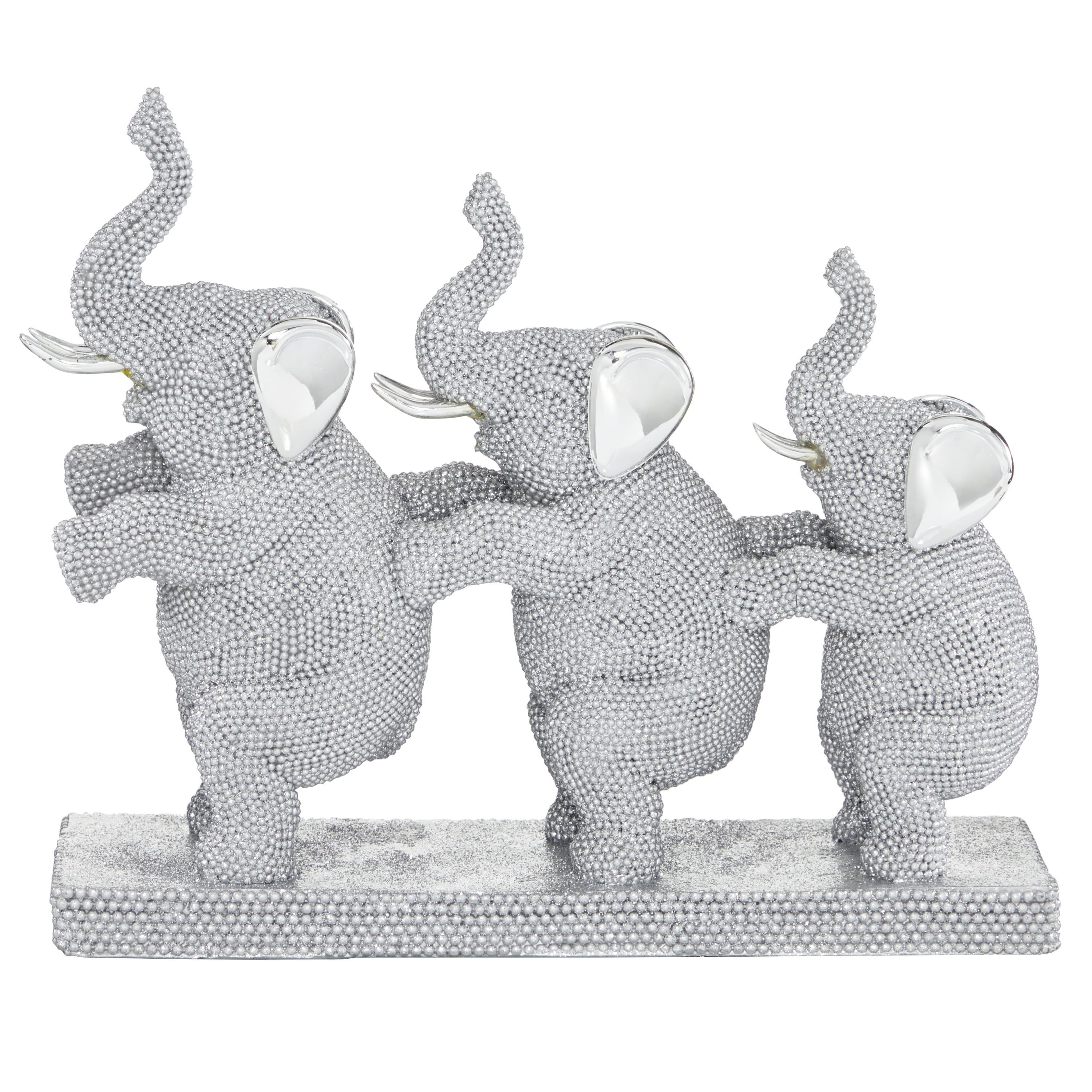 Silver Resin Elephant Trio Sculpture with Shimmering Finish