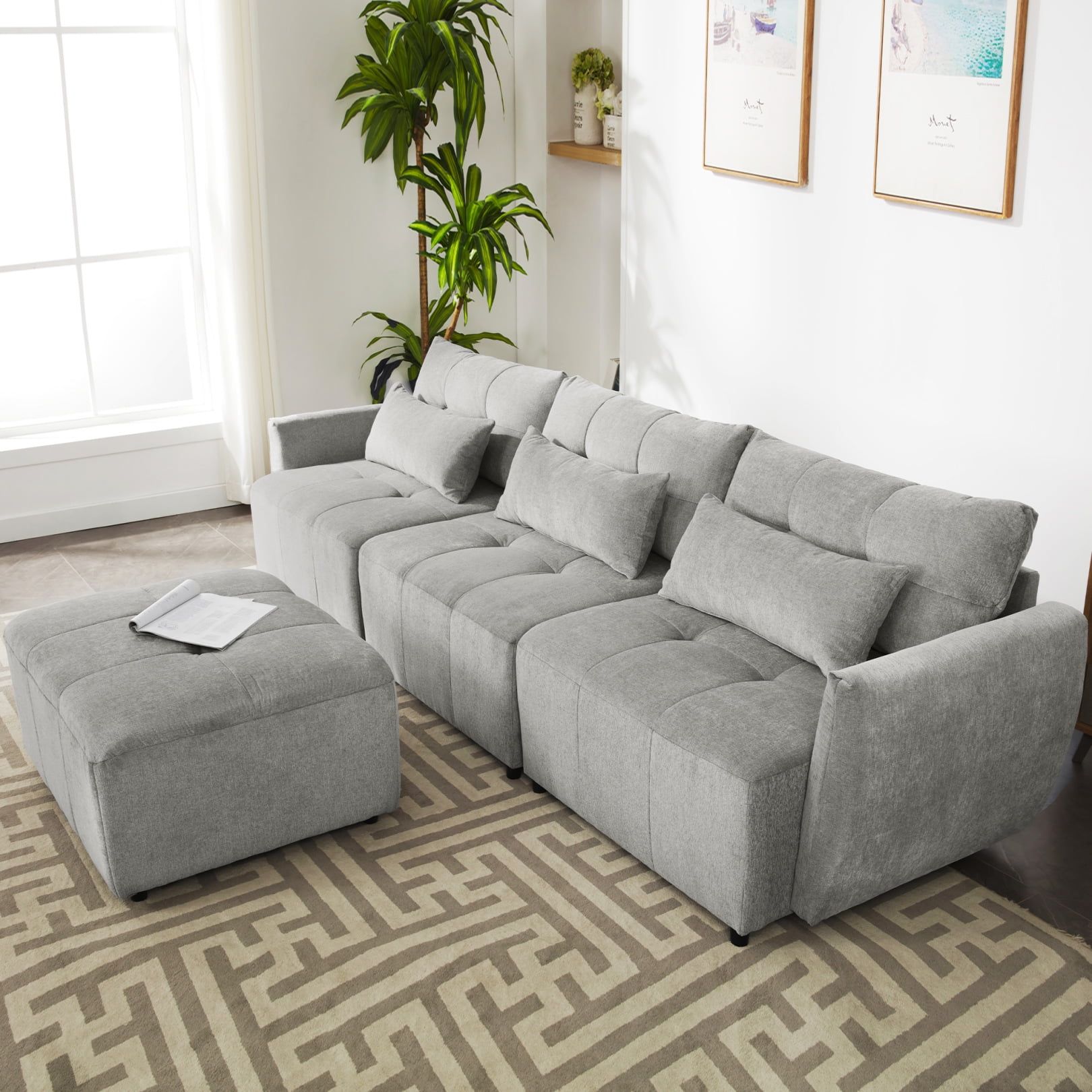 113.3" Gray Chenille L-Shaped Sectional Sofa with Ottoman