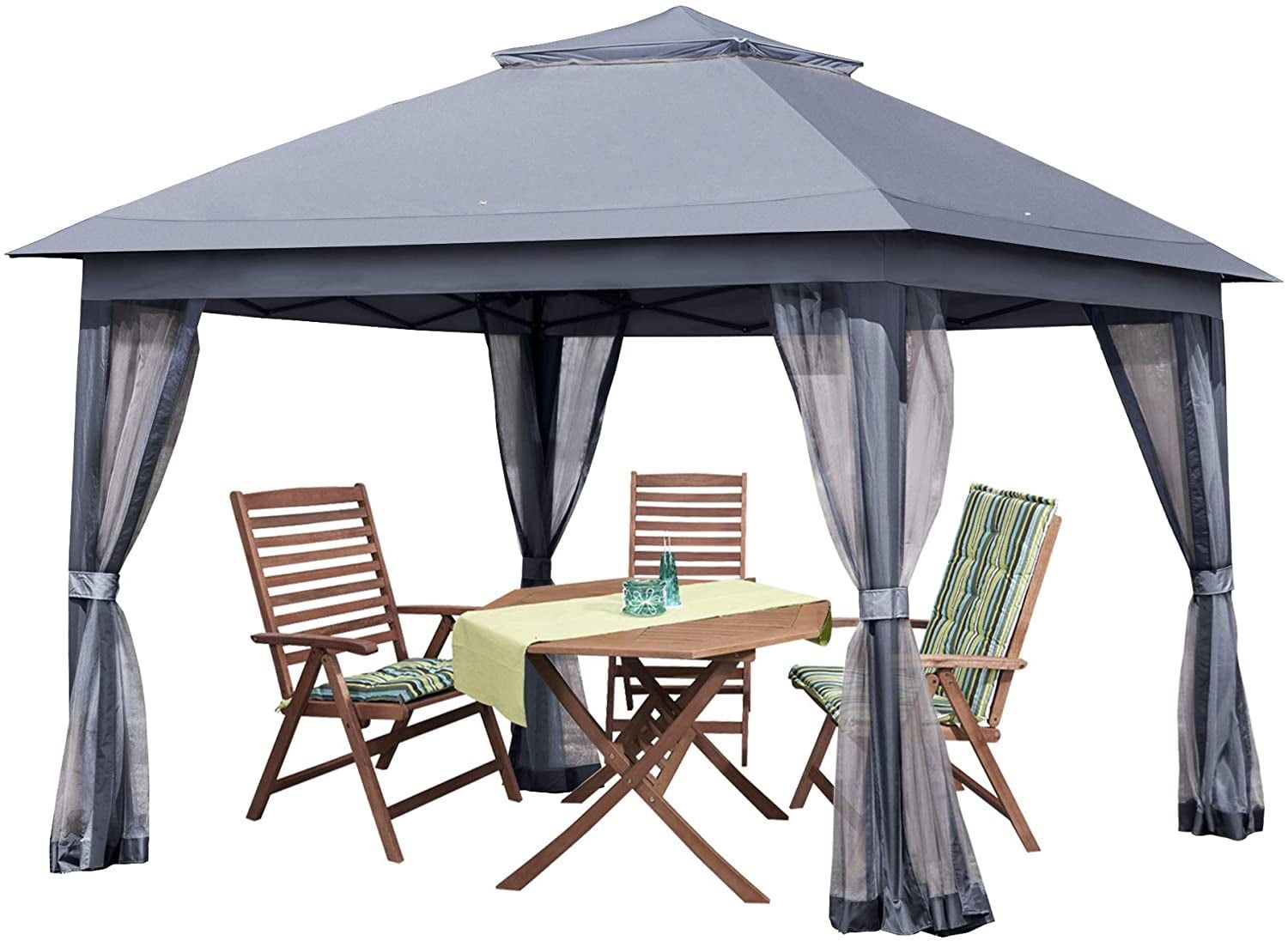 Gray 11x11 Metal Frame Outdoor Pop-Up Gazebo with Mosquito Netting