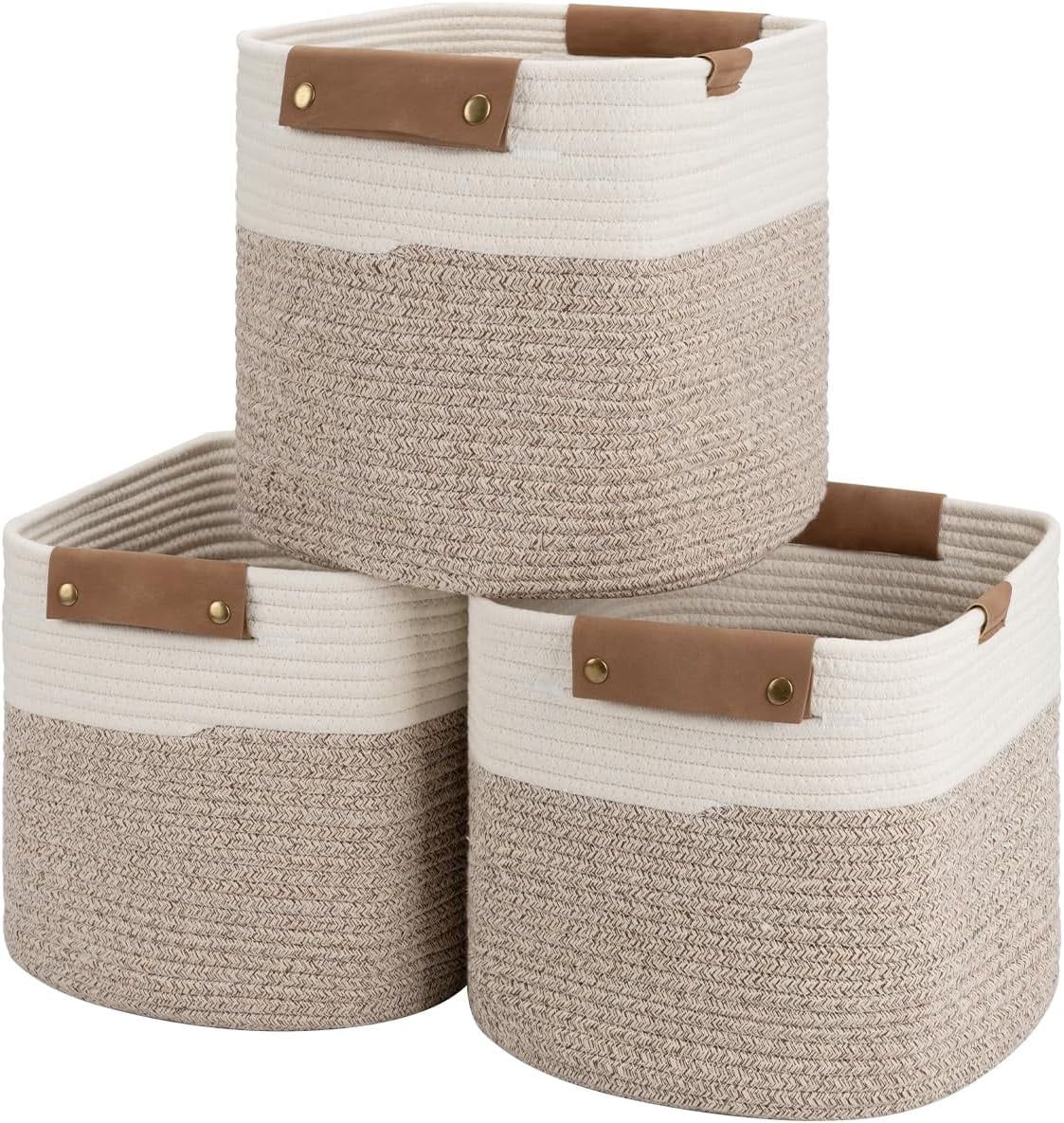 Natural Cotton Rope Square Storage Baskets with Leather Handles, 3-Pack