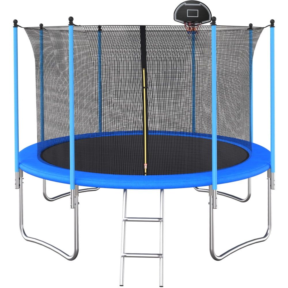 12FT Blue Round Trampoline with Safety Enclosure and Basketball Hoop