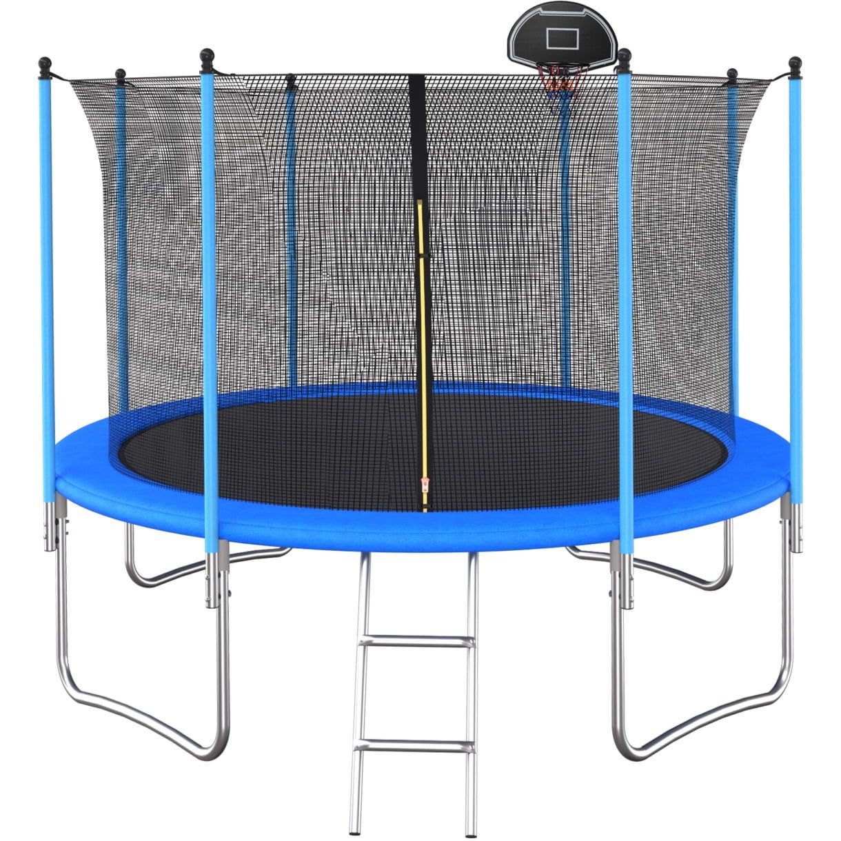 12-Foot Blue Round Trampoline with Safety Enclosure and Basketball Hoop