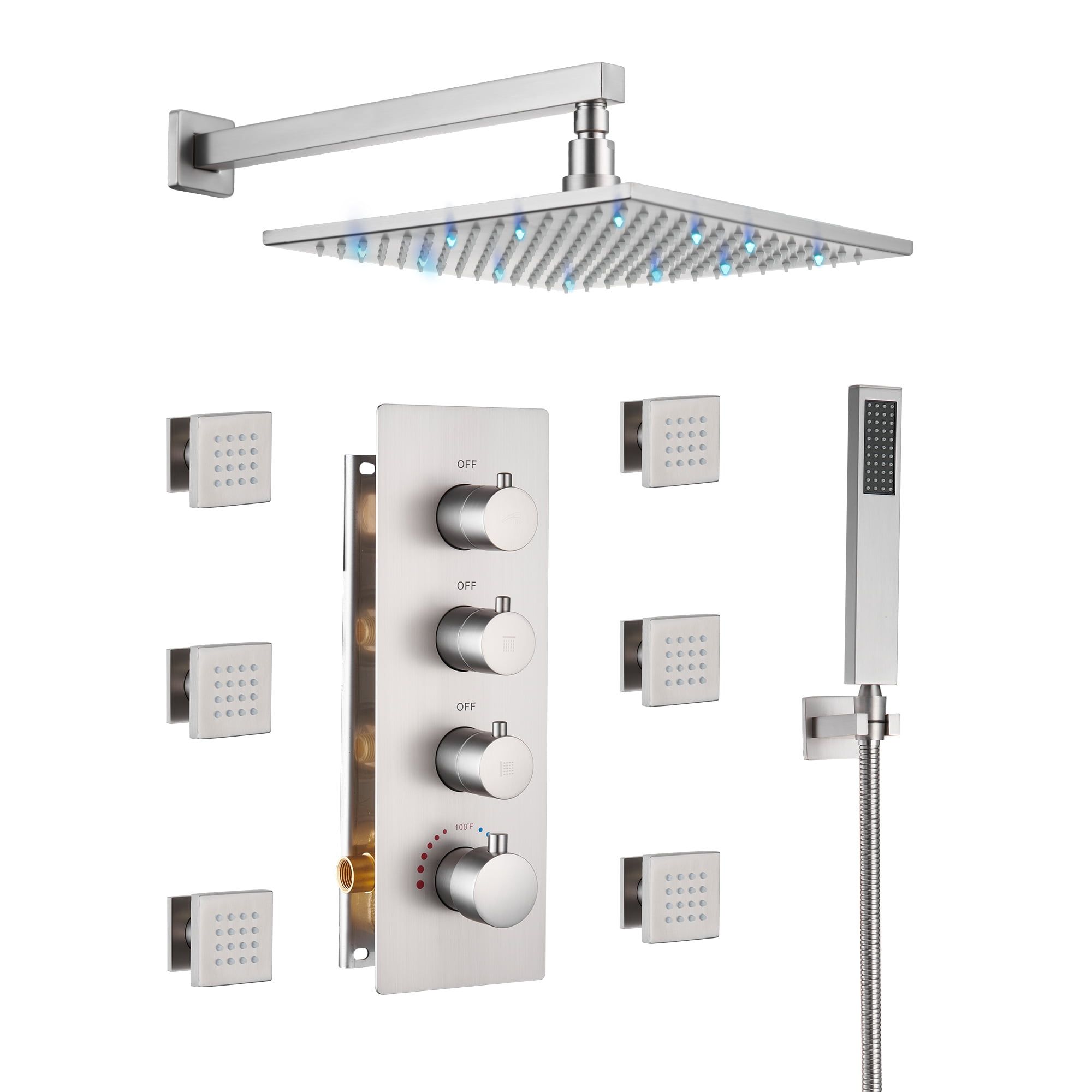 12-Inch Nickel LED Rain Shower System with Thermostatic Valve and Body Jets