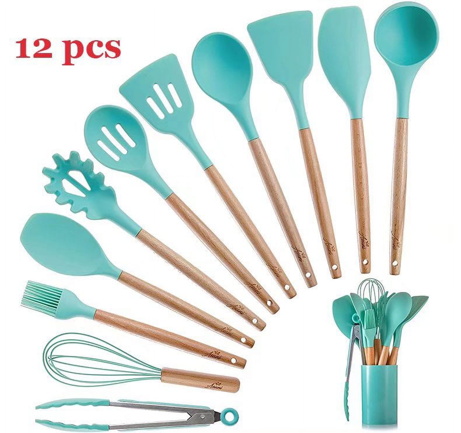 12-Piece Dark Green Silicone Cooking Utensils Set with Wood Handles