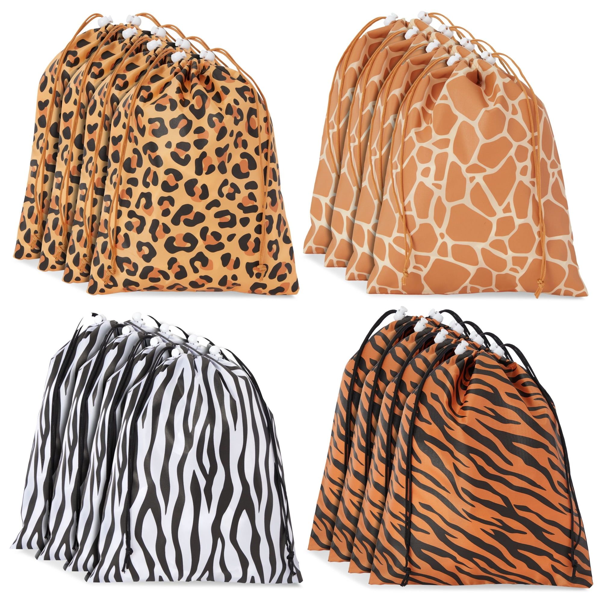 12 Pack Animal Print Fabric Drawstring Gift Bags for Jungle Safari Party