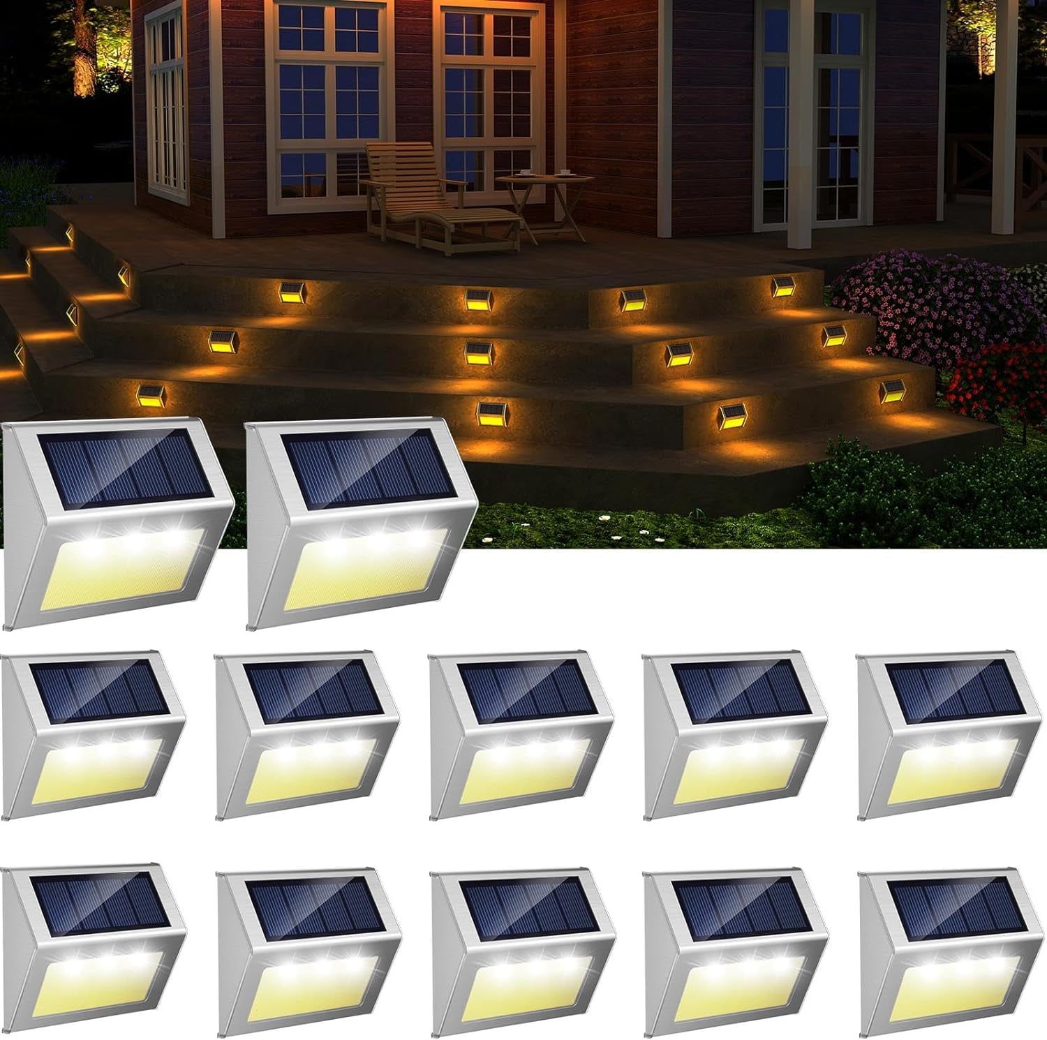 12-Pack Warm Light Stainless Steel Solar LED Deck Lights