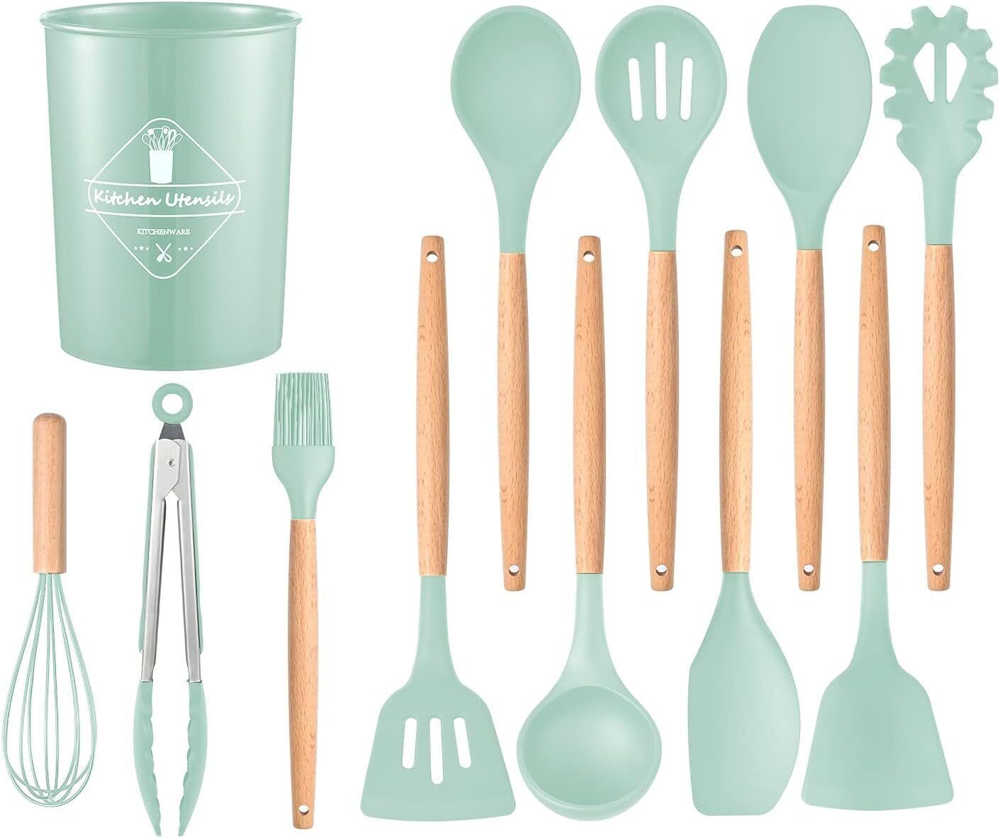 12-Piece Green Silicone and Wood Cooking Utensil Set