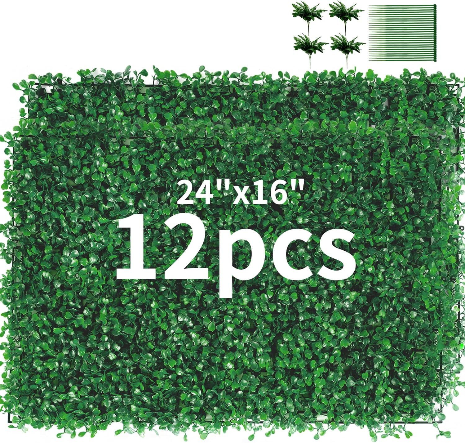 24"x16" Green Plastic Boxwood Hedge Panels with Lights, 12pcs