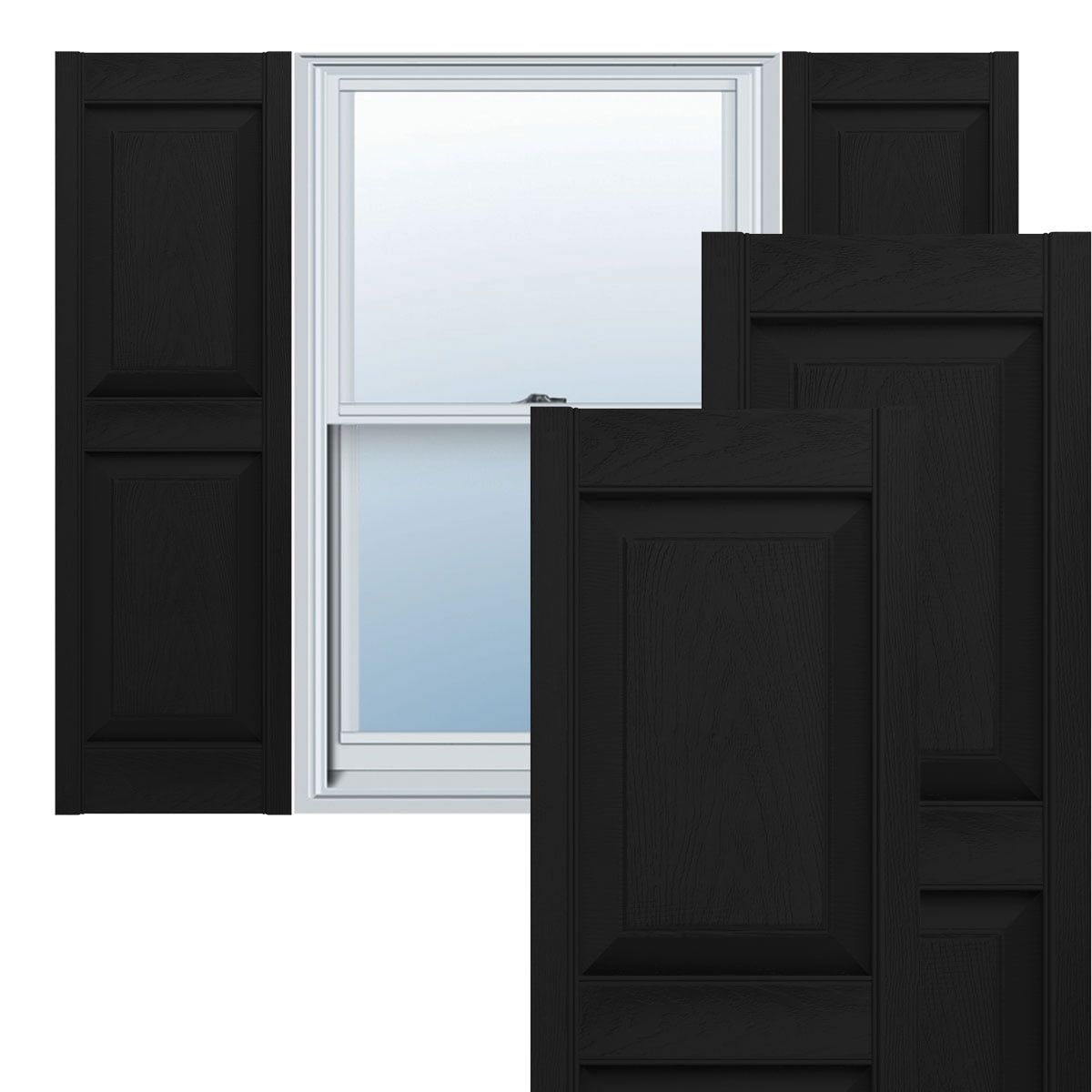 Black Vinyl Raised Panel Shutters, 12"W x 44"H