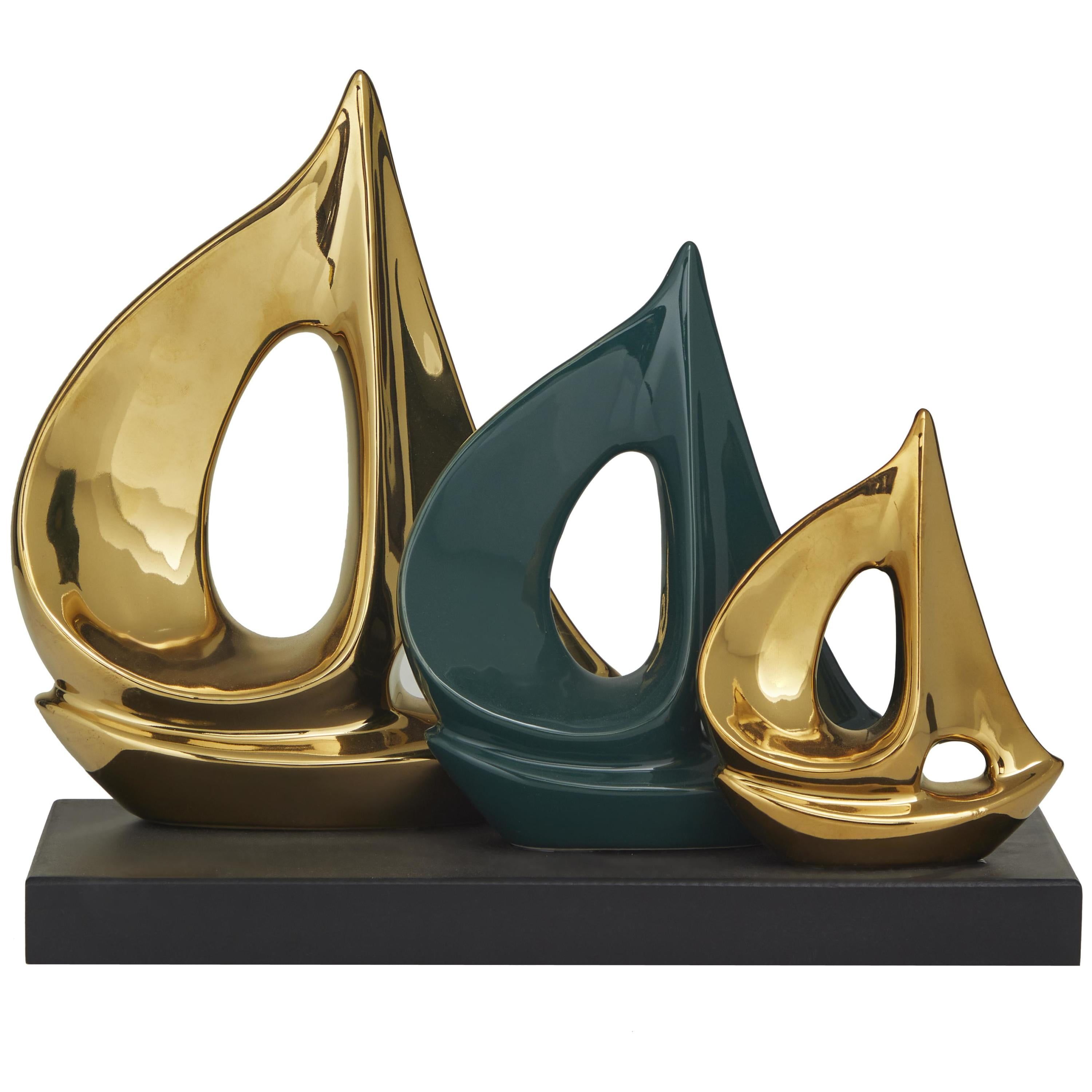 Gold and Teal Porcelain Sailboat Sculpture on Black Base