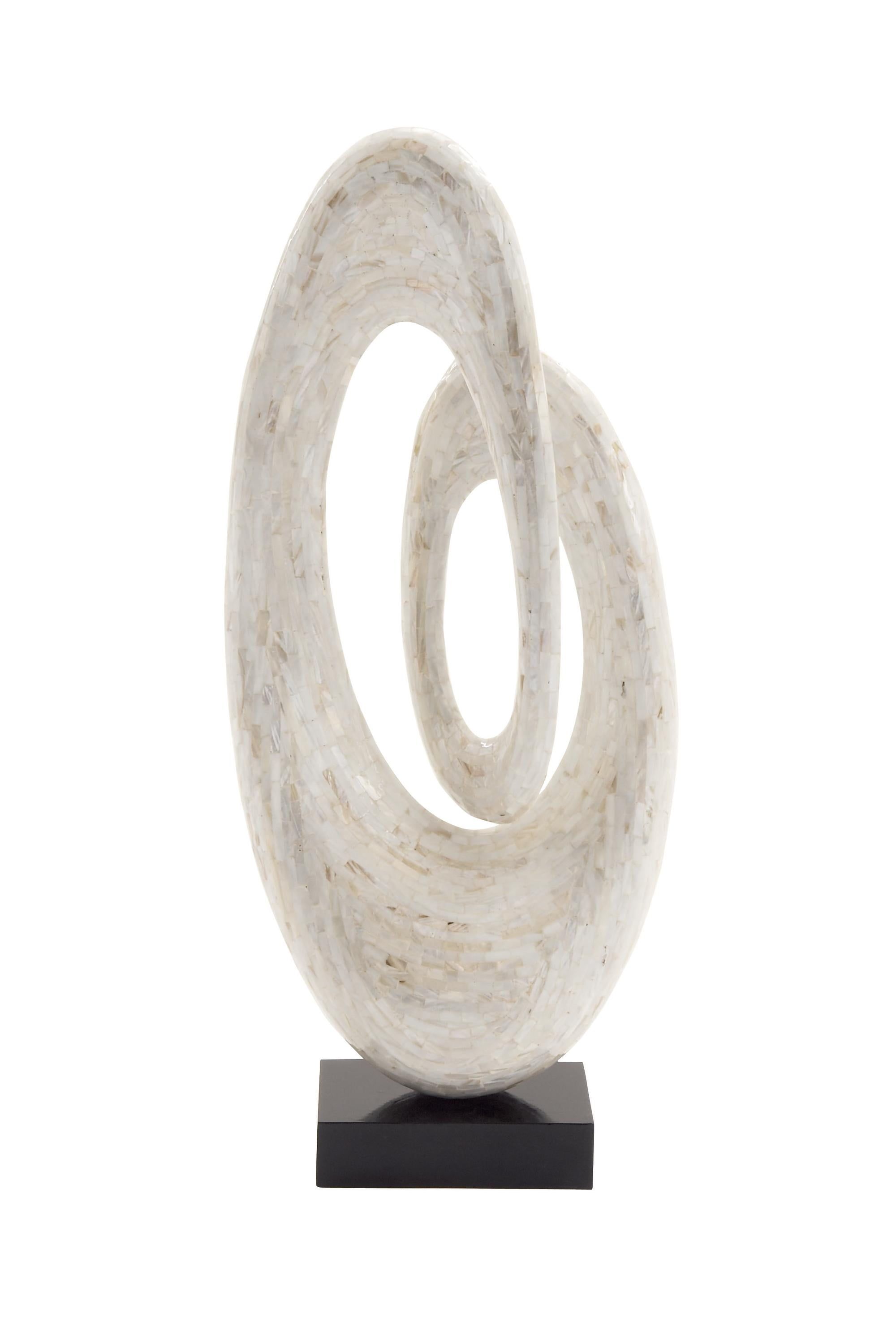 White Mother of Pearl Abstract Swirl Sculpture with Black Base