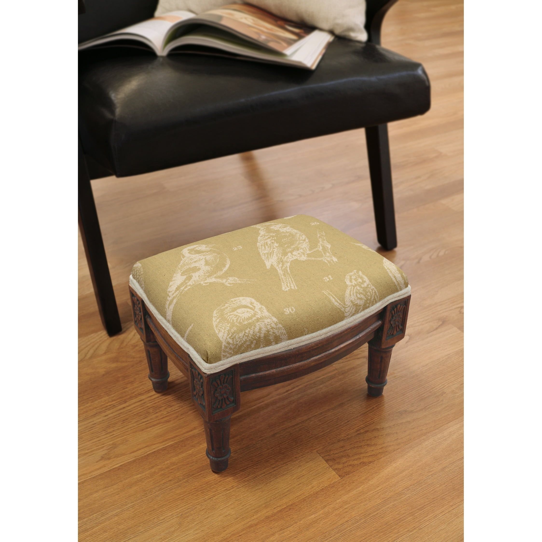 Tan Bird Print Wood Upholstered Footstool with Carvings