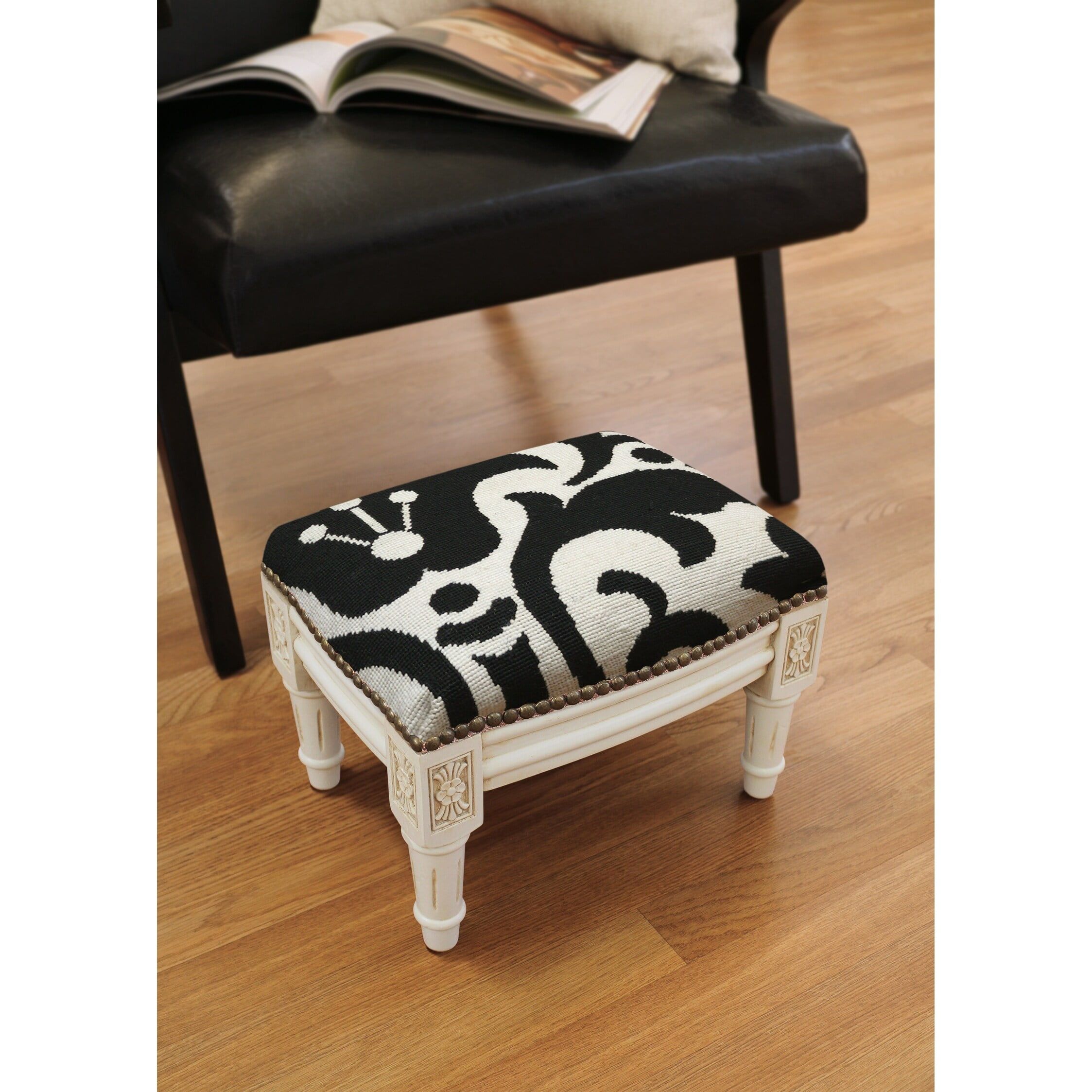 Small Black and White Wool Needlepoint Footstool