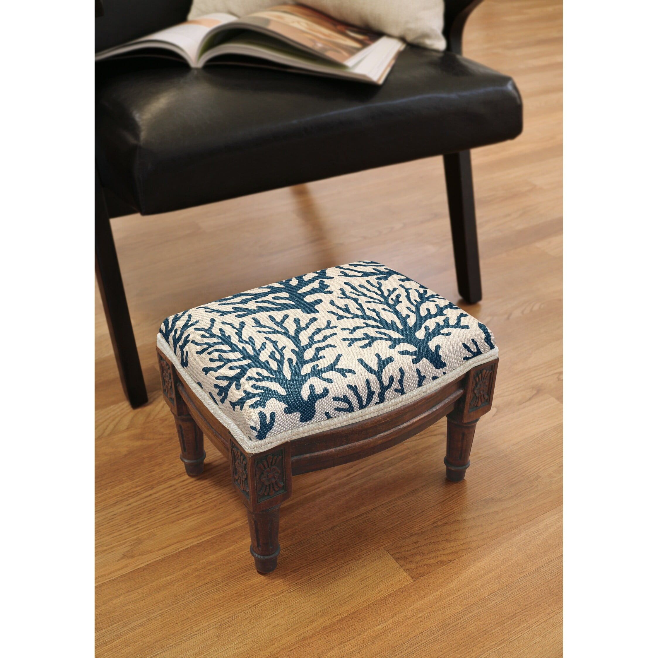 Blue Coral Print Linen and Wood Footstool