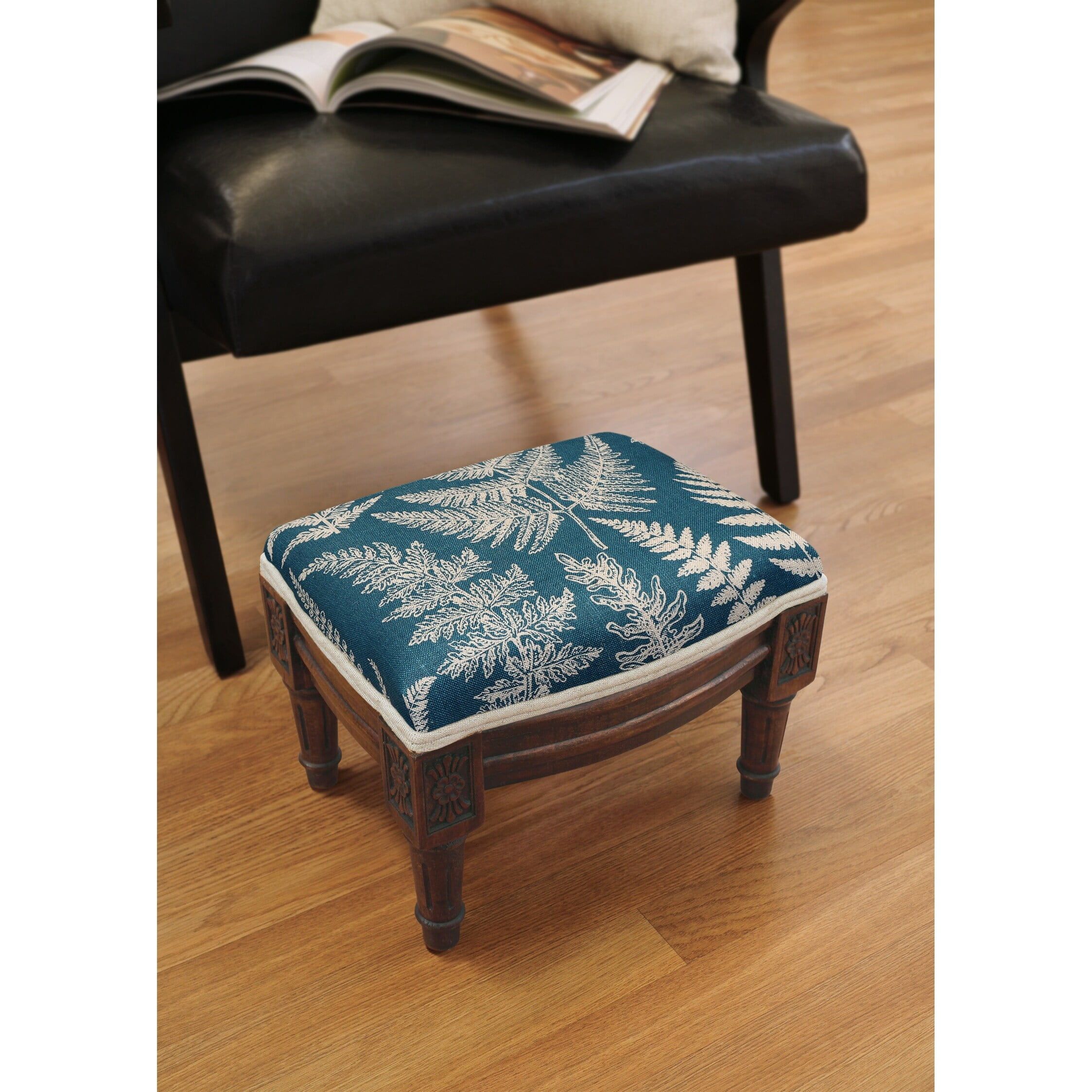 Blue Fern Print Linen and Wood Footstool