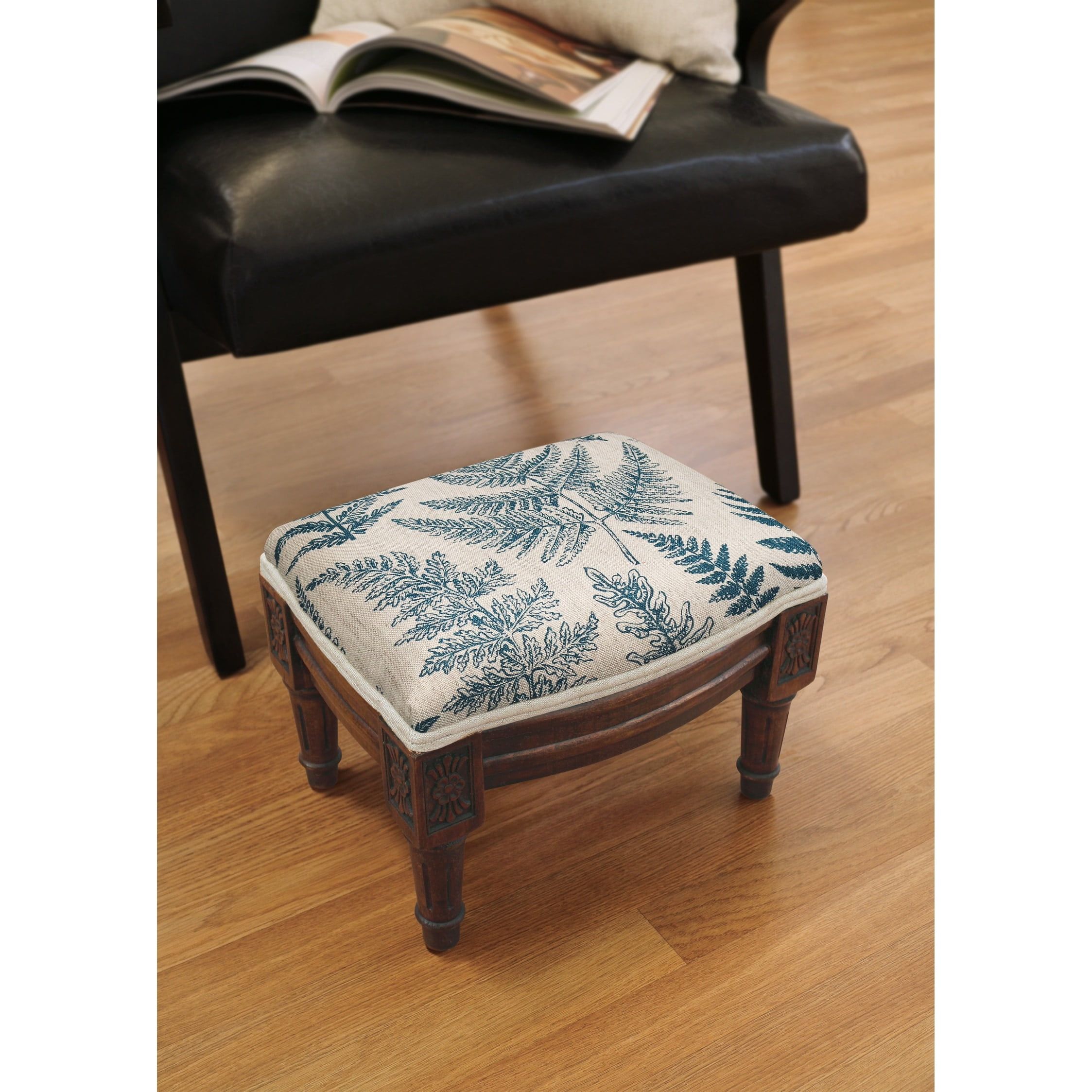 Blue Fern Print Linen and Wood Footstool