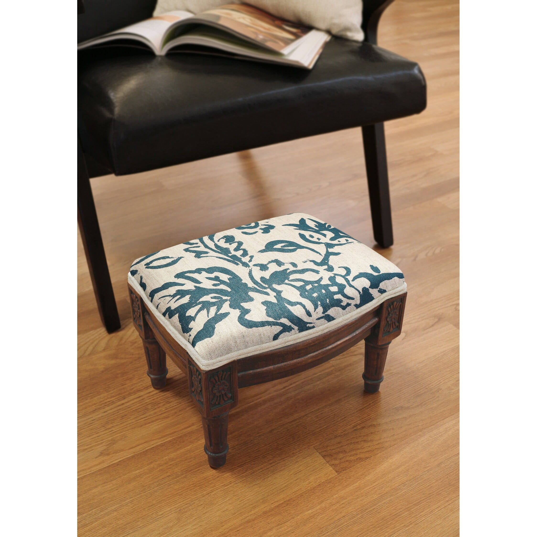 Blue and White Linen Upholstered Wooden Footstool