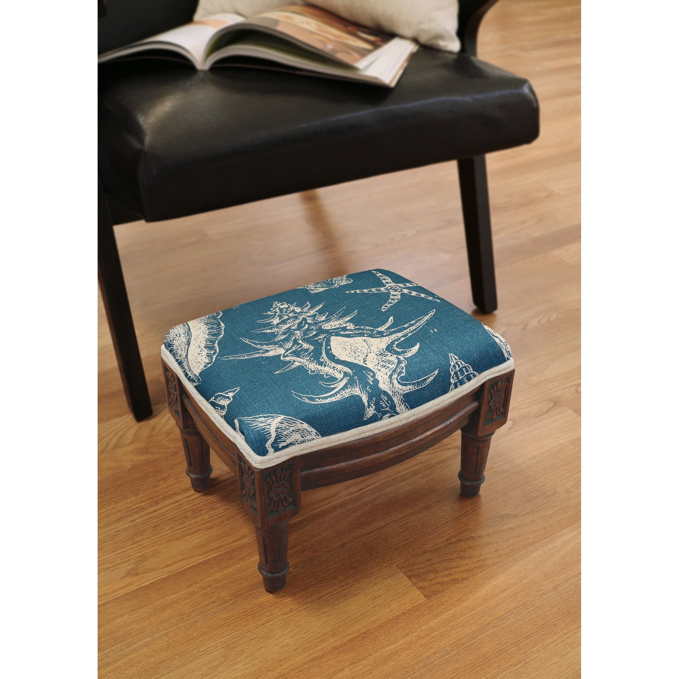 Blue Seashell Print Linen and Wood Footstool