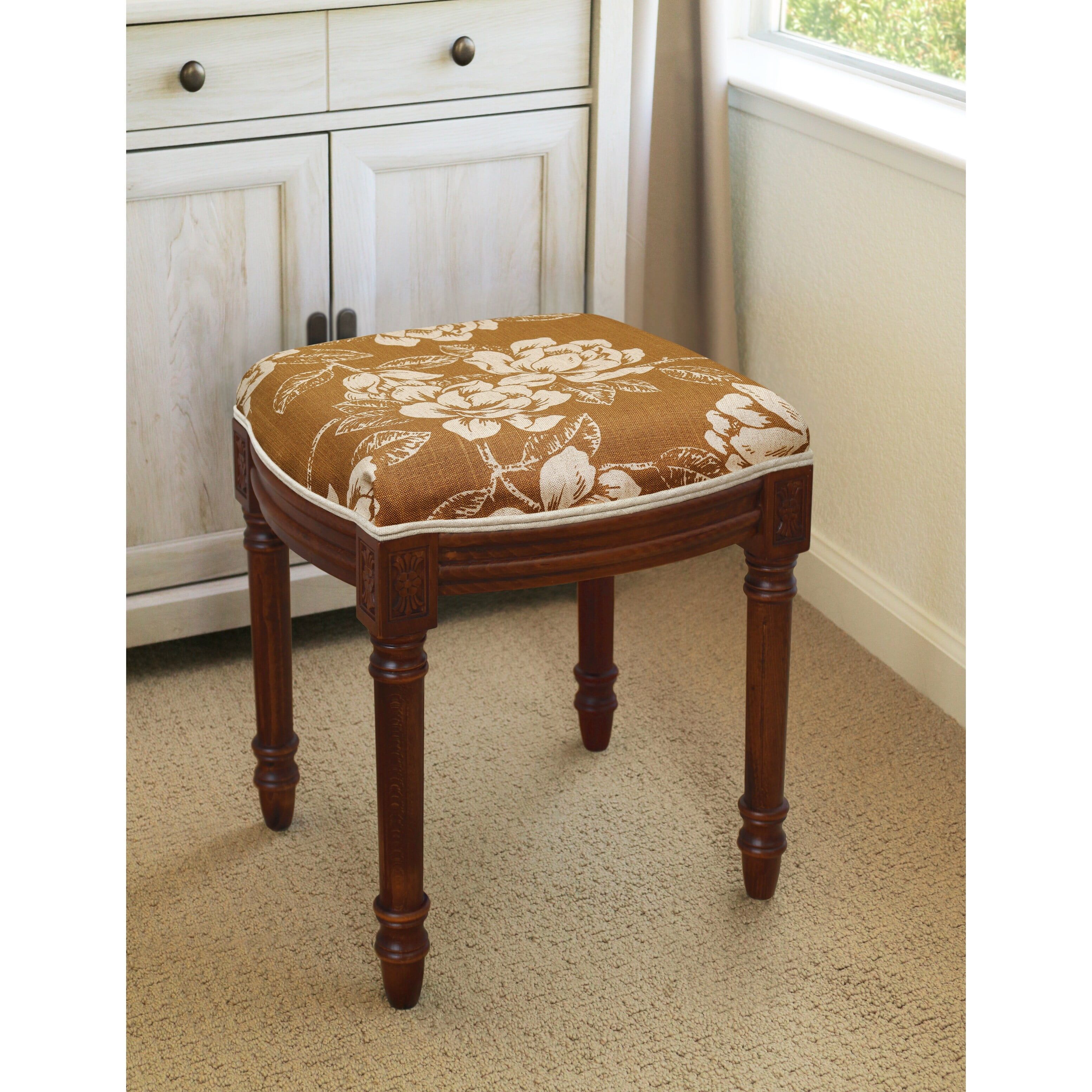 Caramel Magnolia Upholstered Wooden Vanity Stool