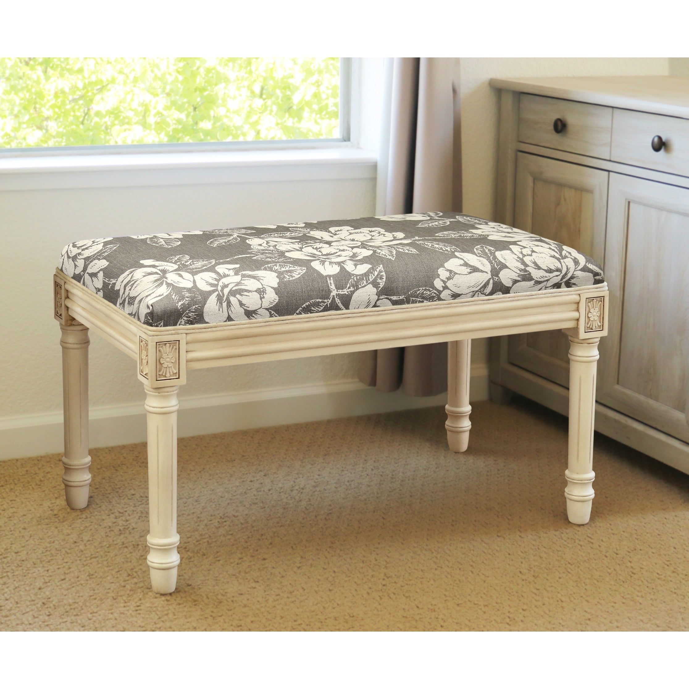 Gray Floral Upholstered Bench with Antique White Wooden Frame