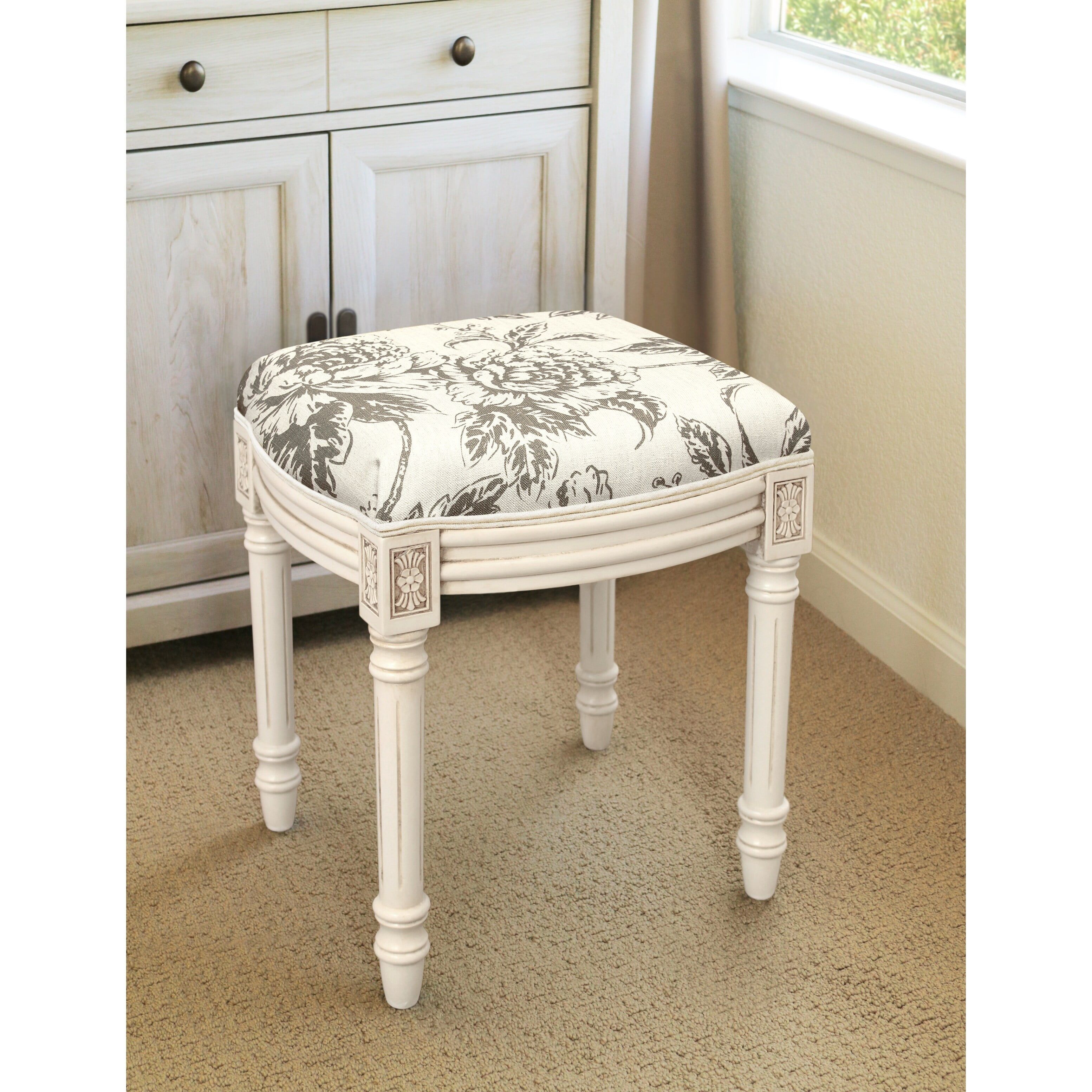 Gray Floral Linen Upholstered Vanity Stool with Antique White Finish