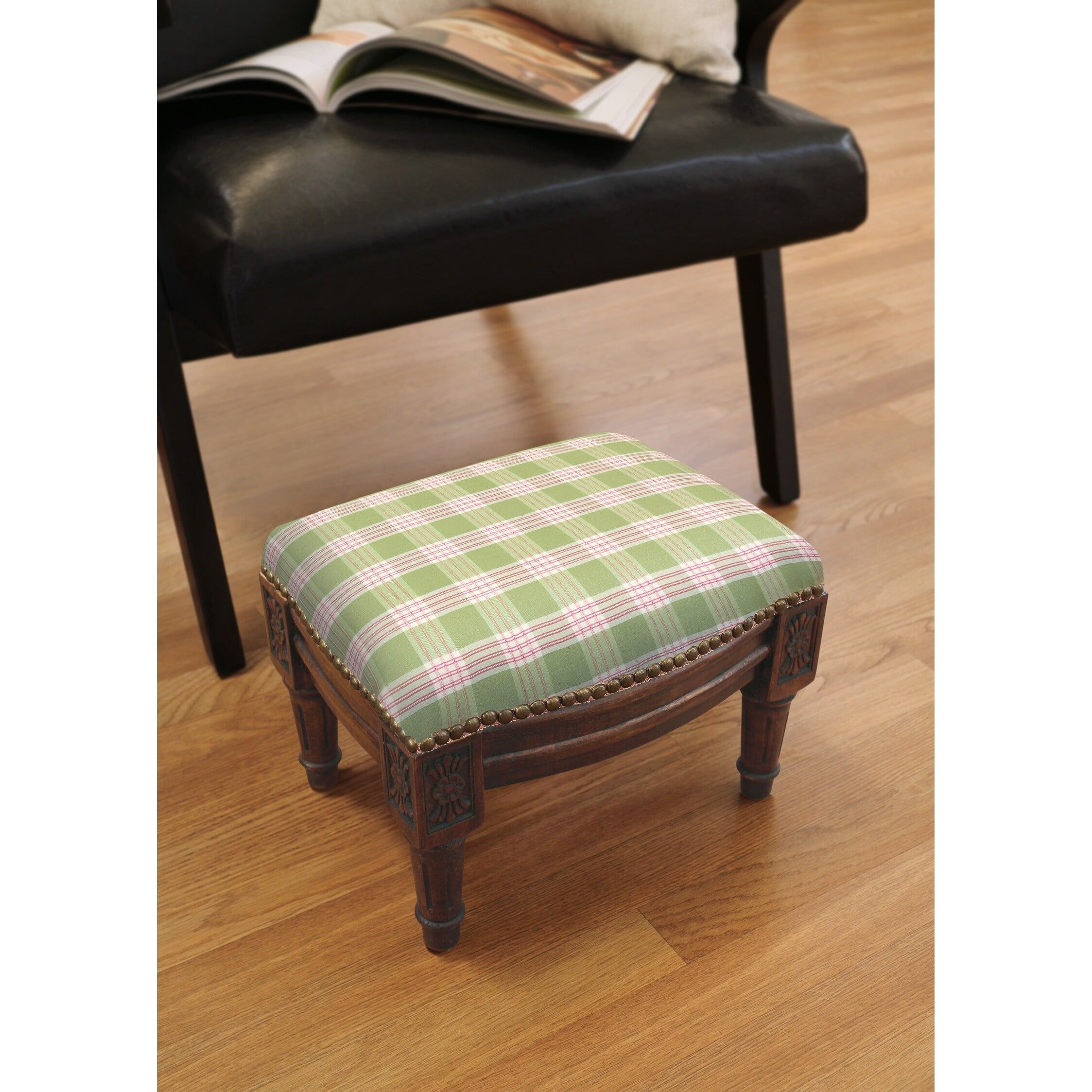 Green and Pink Plaid Traditional Wood Footstool