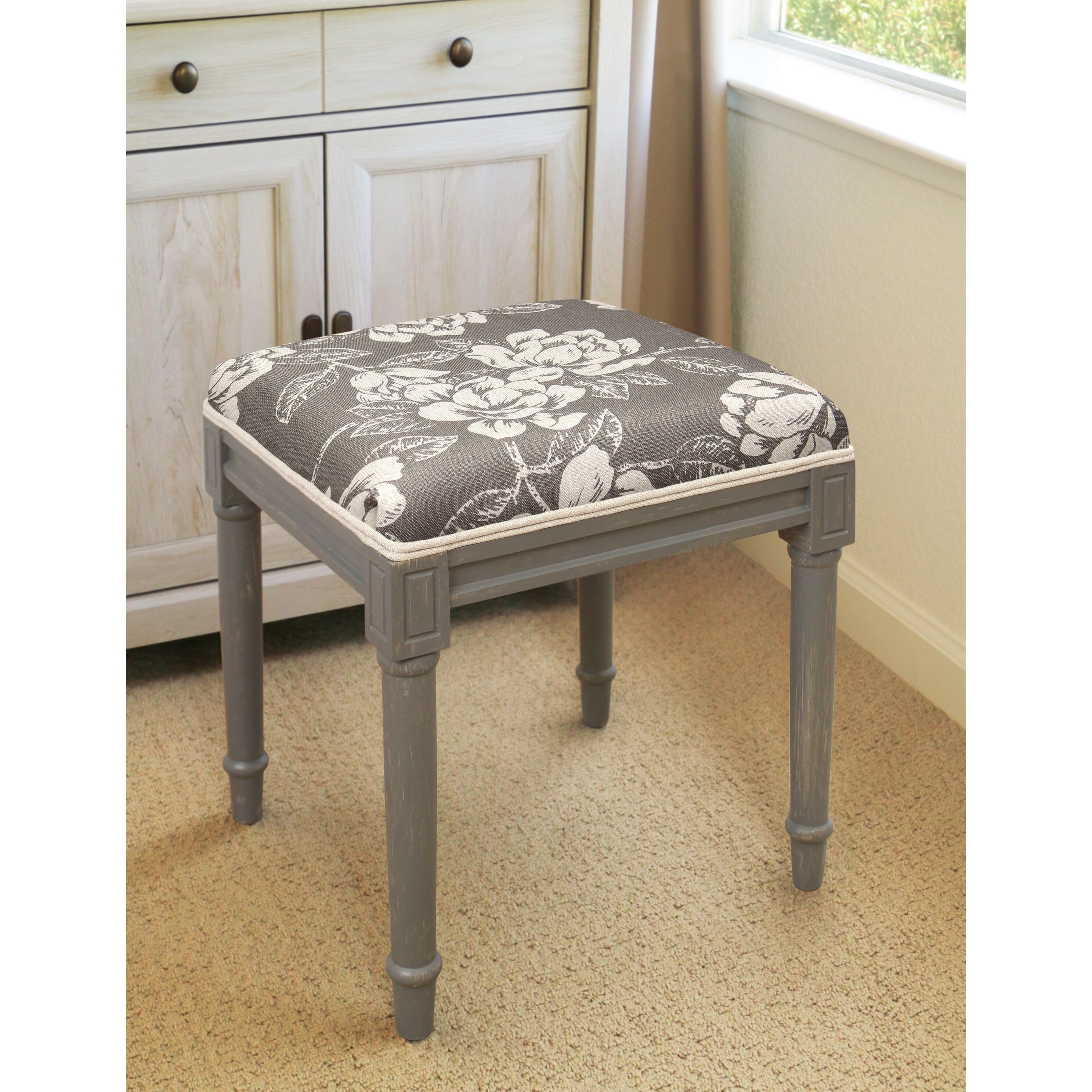 Grey Magnolia Printed Linen Vanity Stool with Distressed Wooden Frame