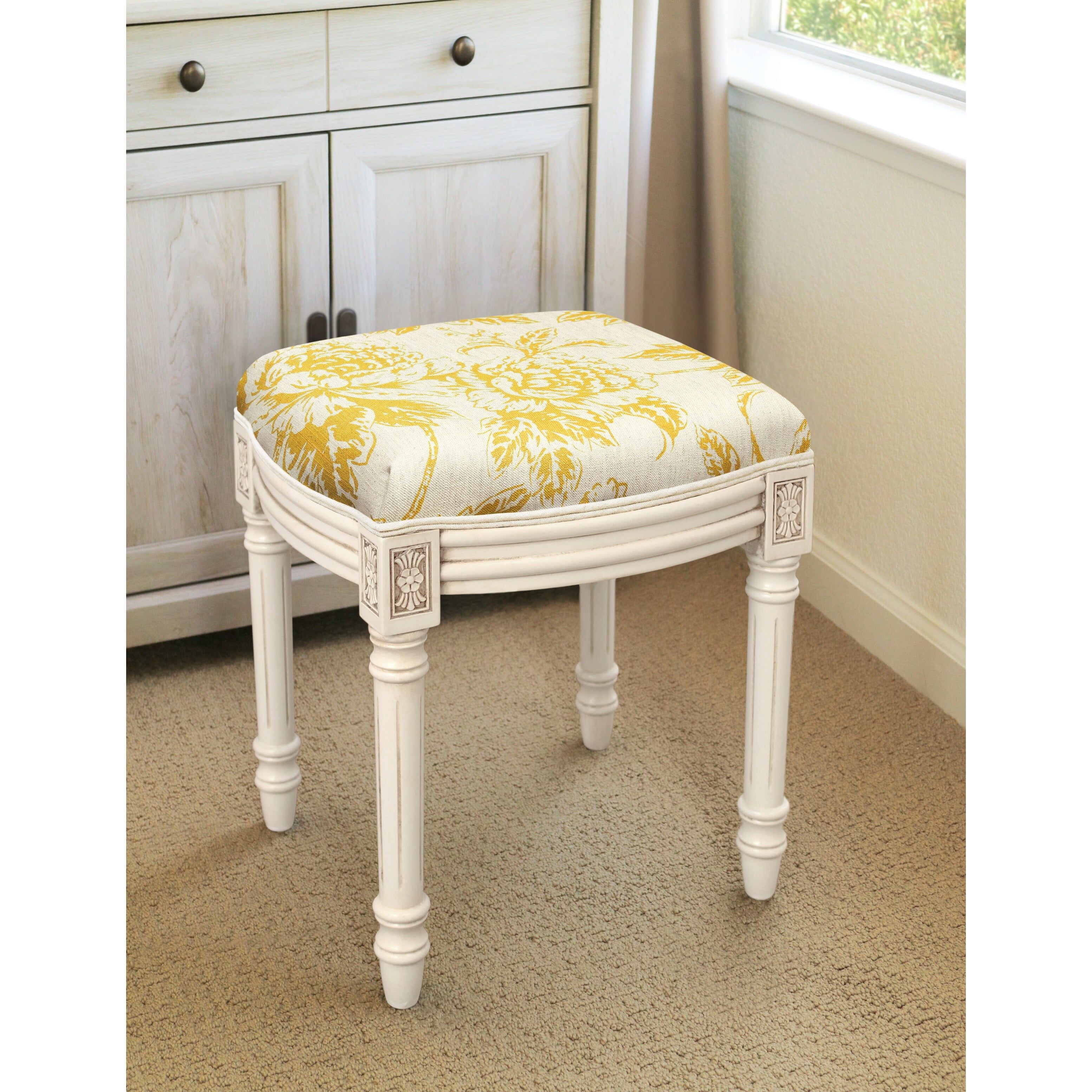 Mustard Peony Upholstered Vanity Stool with Antique White Finish