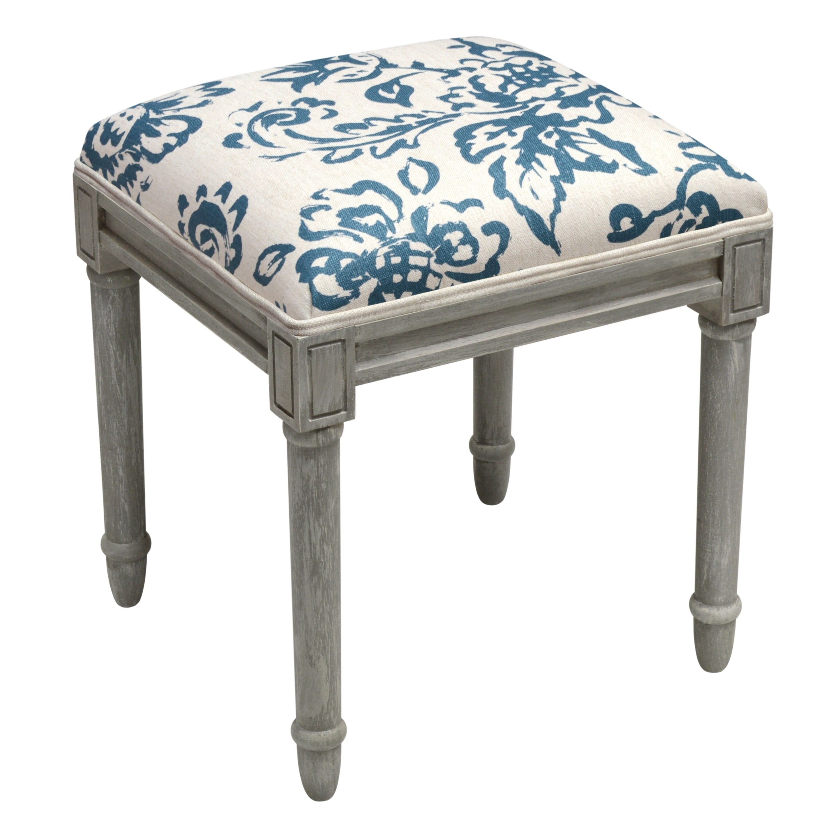 Blue and Grey Floral Upholstered Vanity Stool with Solid Wood Frame