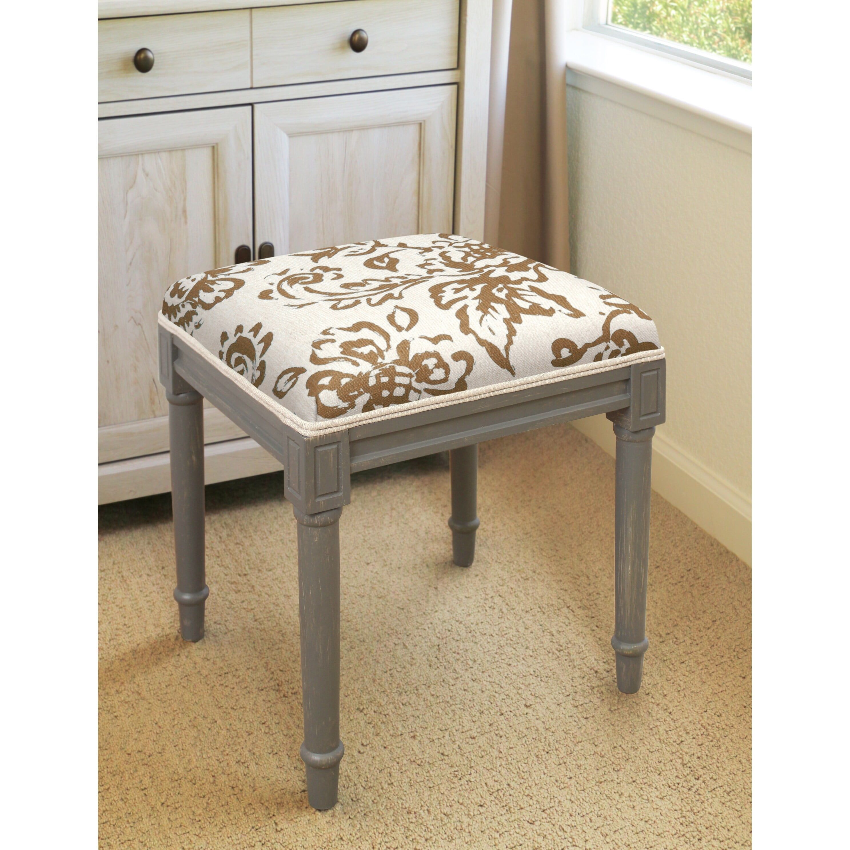 Rustic Grey Wood Vanity Stool with Floral Upholstered Seat