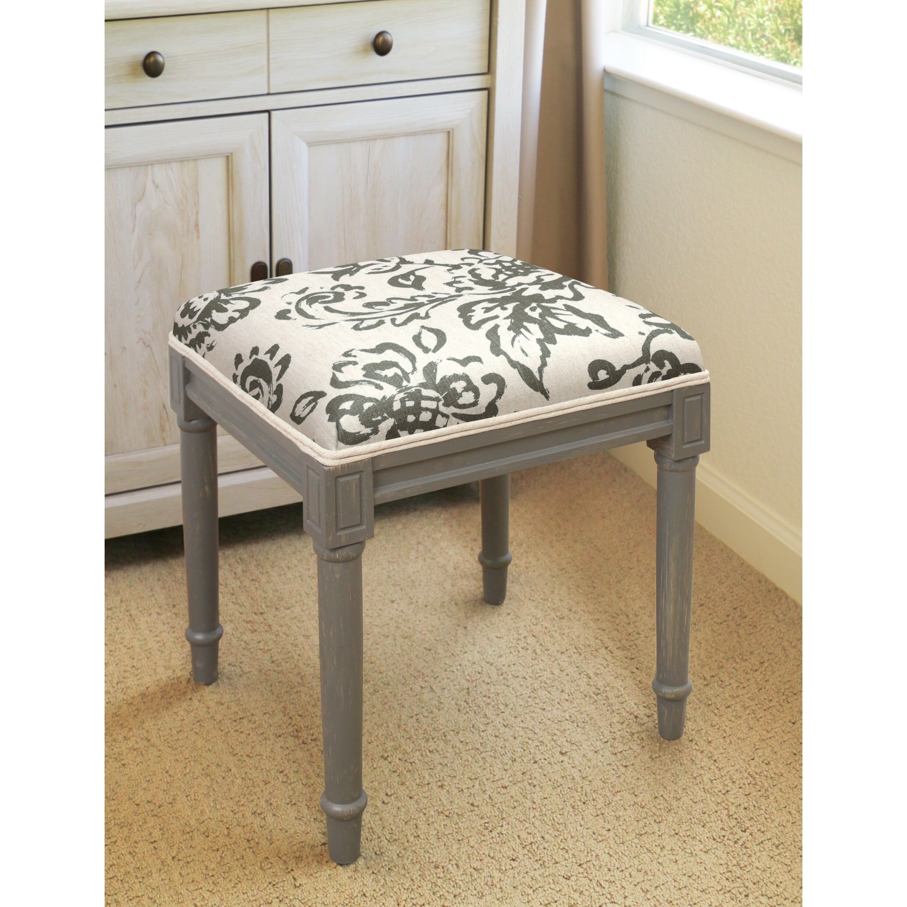 Gray Solid Wood Vanity Stool with Upholstered Seat