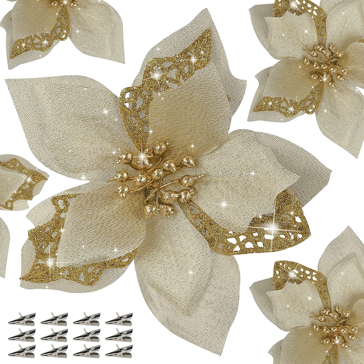 Gold Glitter Poinsettia Tabletop Christmas Centerpiece Set