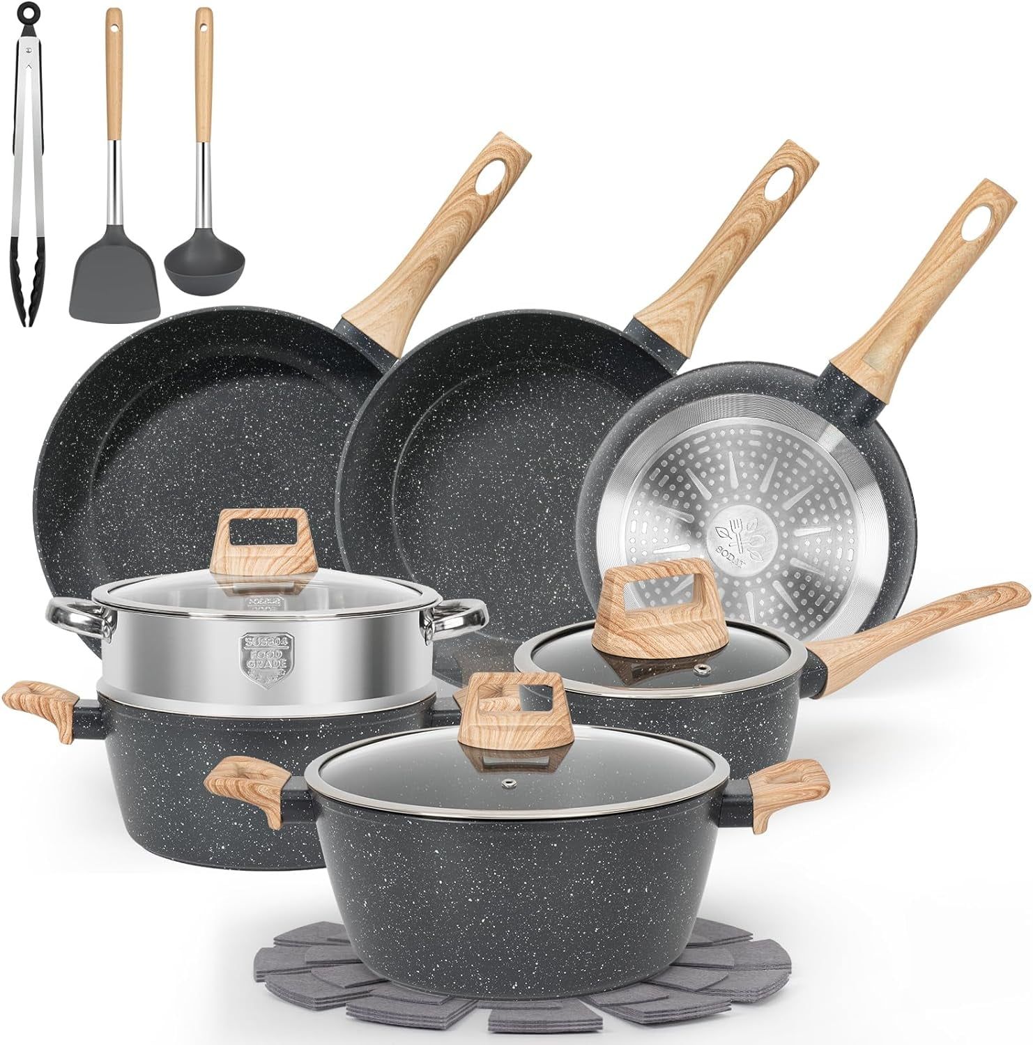 12-Piece Black Granite Non-Stick Aluminum Cookware Set with Utensils