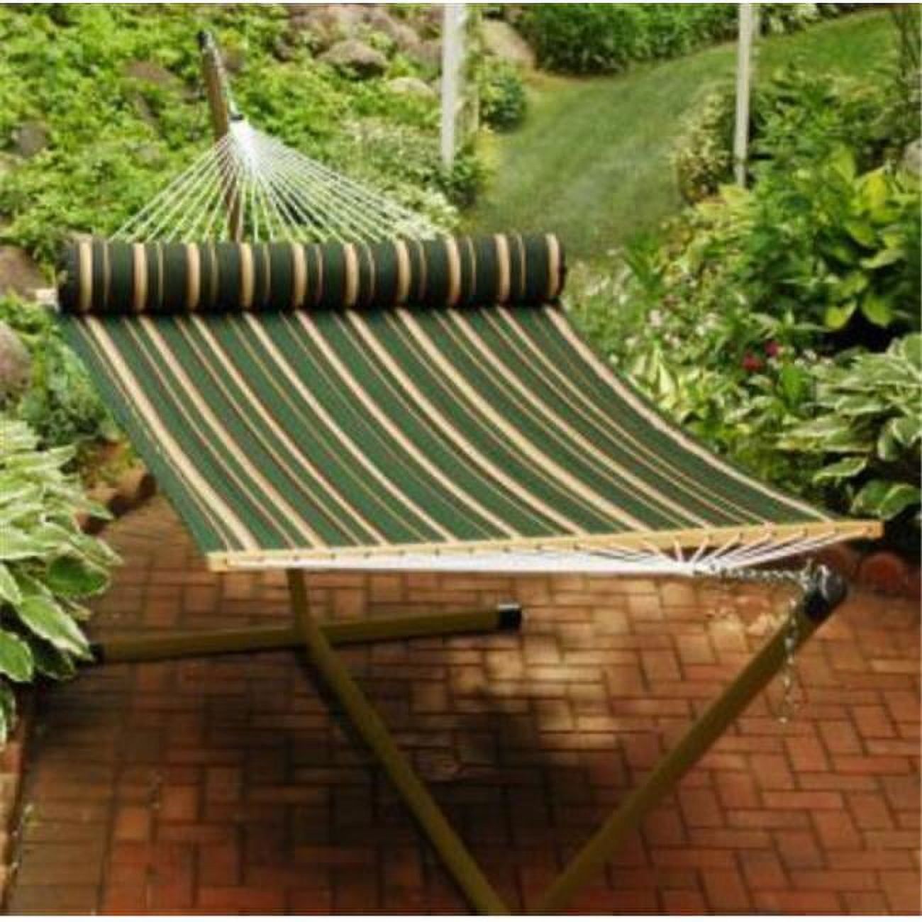 13' Green Striped Quilted Hammock with Pillow