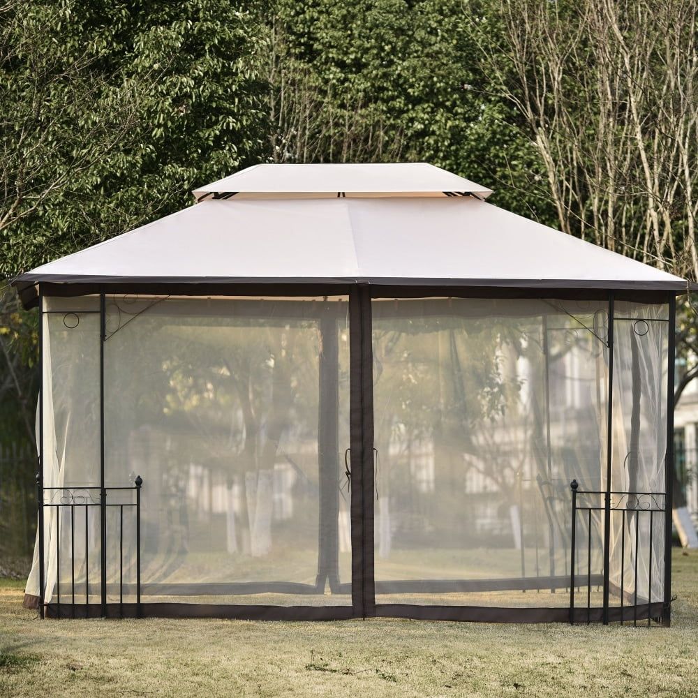 13 ft Khaki Iron Patio Gazebo with Mosquito Netting