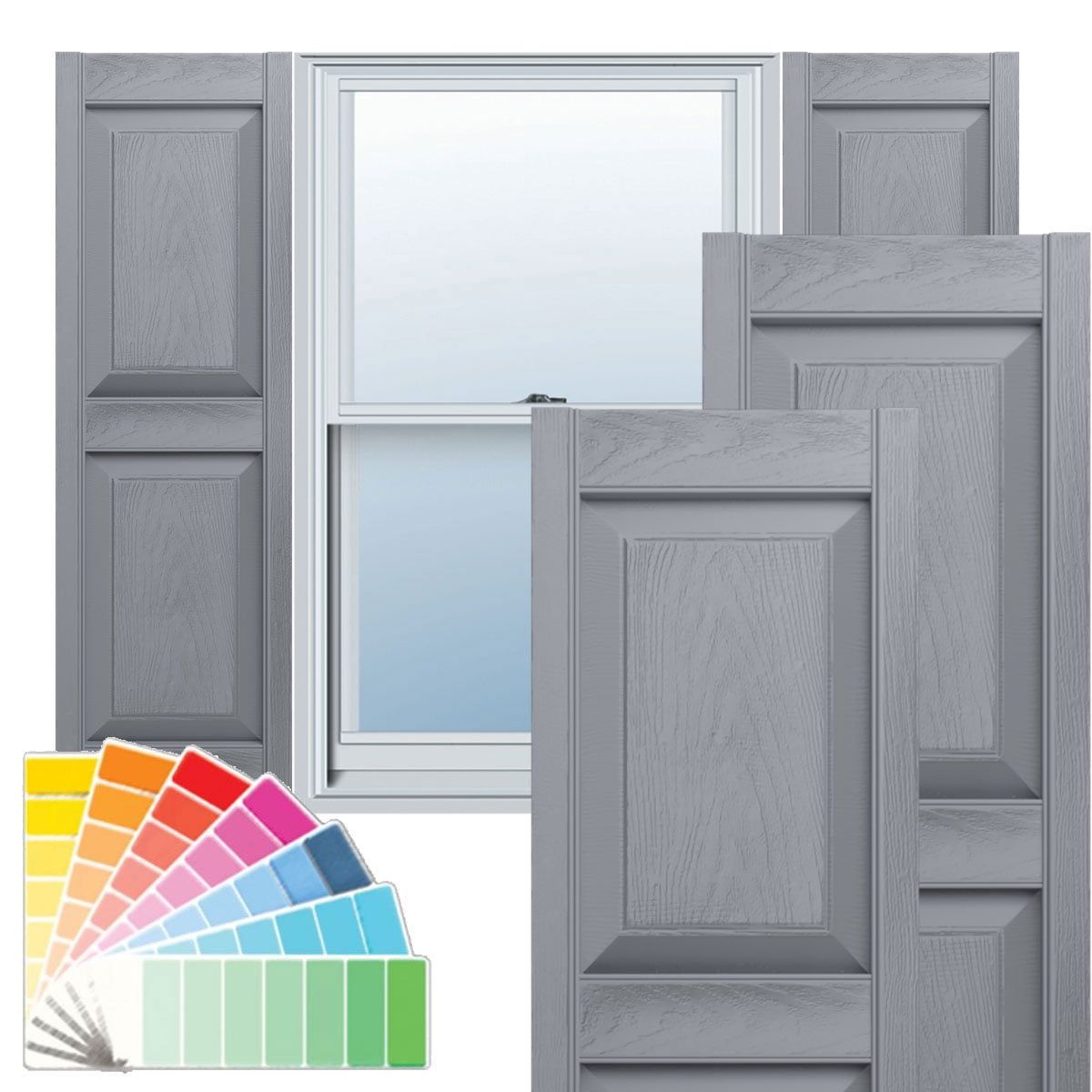 Gray Raised Panel Vinyl Shutters with Paintable Finish, 14.75"W x 71"H