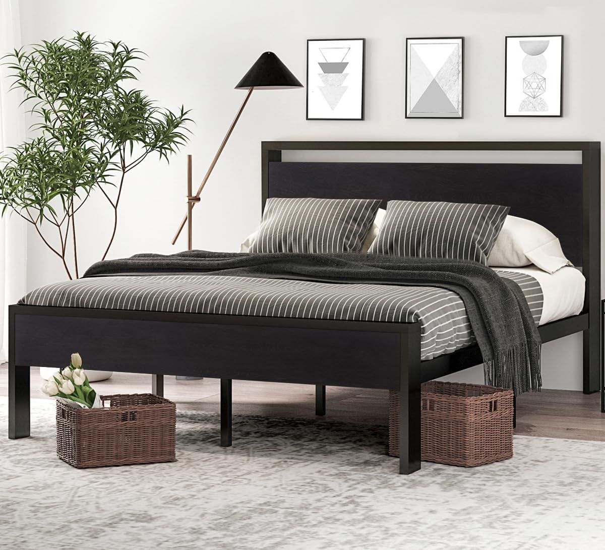 Black Oak Queen Metal Platform Bed Frame with Wooden Headboard