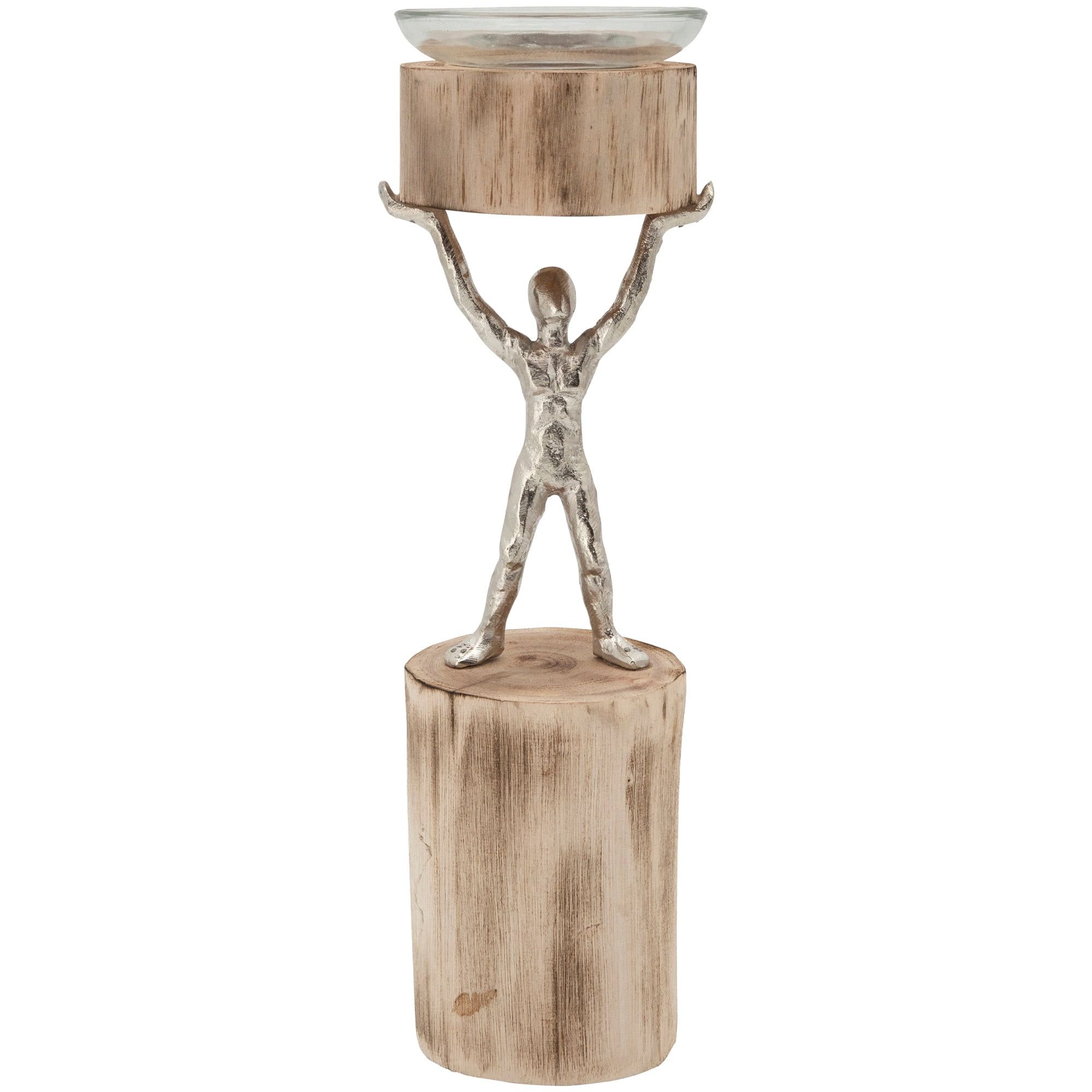 14 Inch Brown and Silver Wooden Man Candle Holder