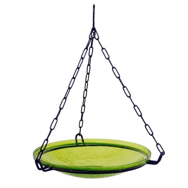 Fern Green Crackle Glass Hanging Birdbath with Wrought Iron Chains