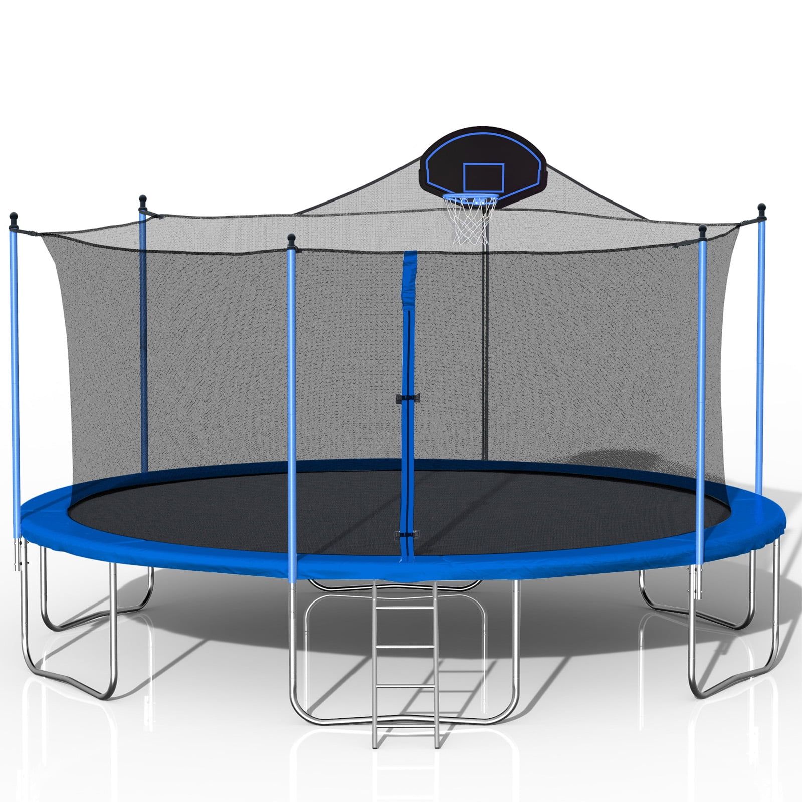 14FT Blue Trampoline with Enclosure and Basketball Hoop