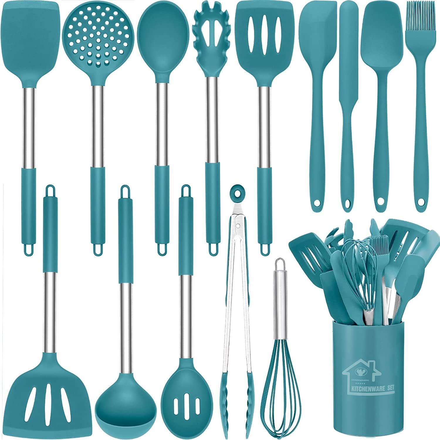 15-Piece Blue Silicone and Stainless Steel Kitchen Utensil Set