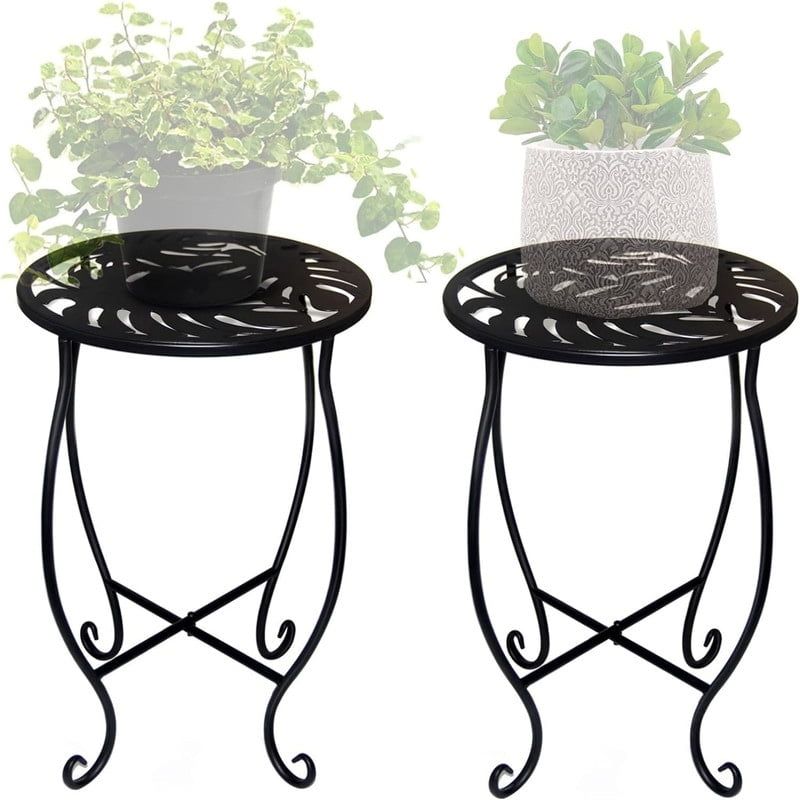 15" Black Metal Plant Stand with Monstera Leaf Pattern (Set of 2)