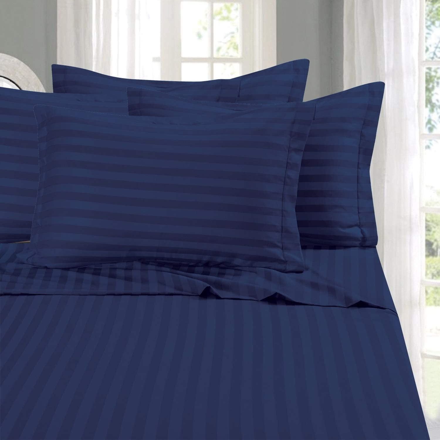 King Navy Blue Egyptian Cotton Damask Stripe Bed Sheet Set